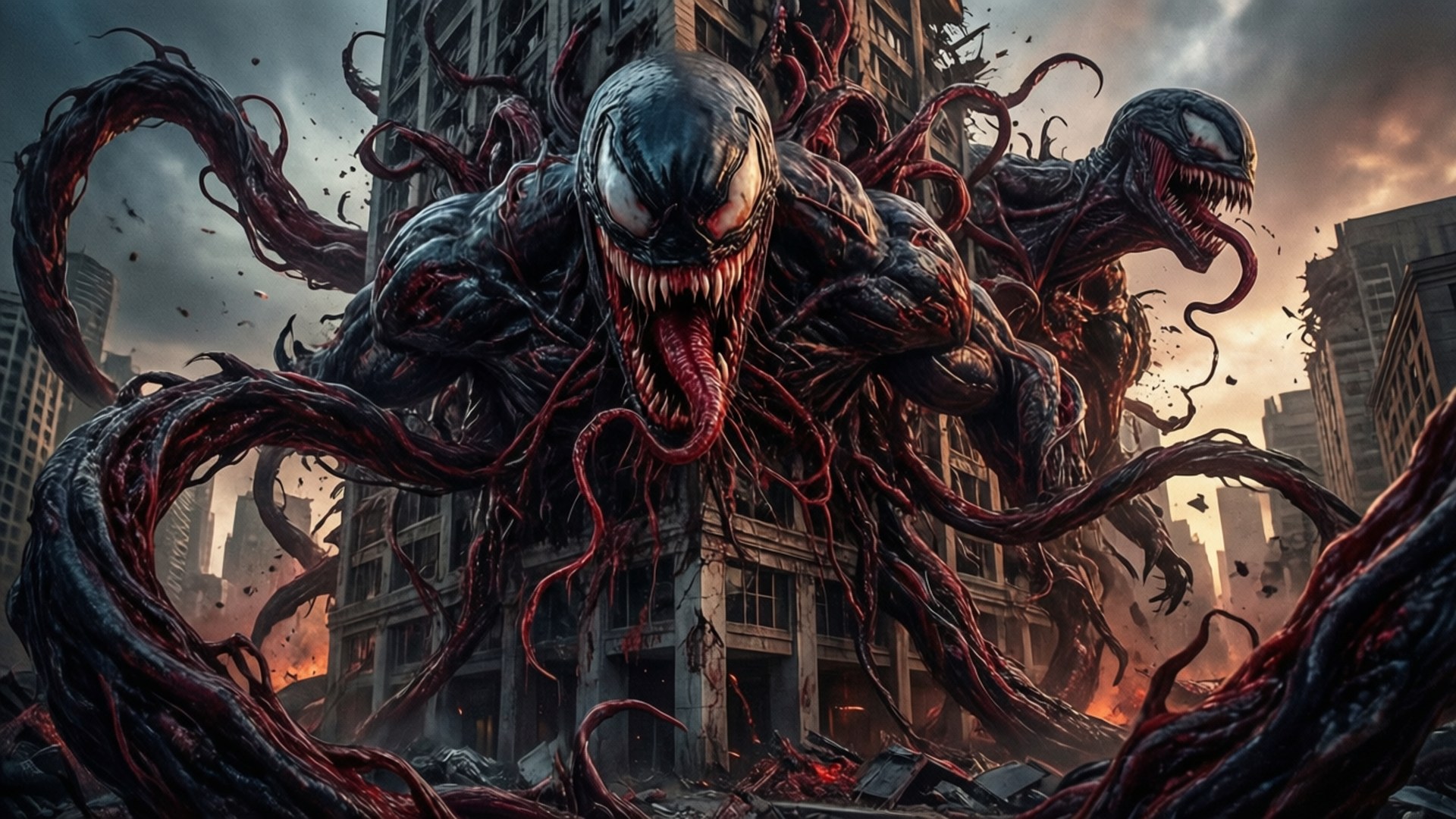 Maximum Carnage 桌布 壁紙 — 一個擁有發光白色眼睛和紅色觸手的怪物共生生物，在日落時分主宰著崩塌的城市天際線。