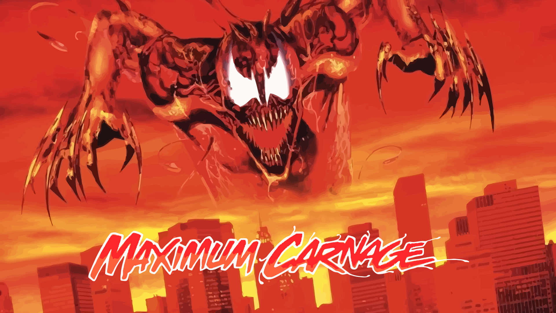 Maximum Carnage 桌布 壁紙 — 一個擁有發光白色眼睛和鋒利爪子的怪物共生體，在熾熱的橙色天空下，籠罩著城市天際線。