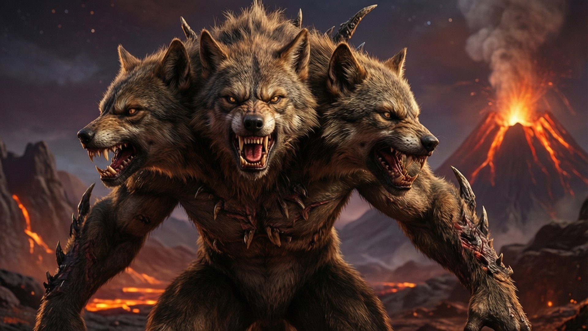 Three-Headed Canid 壁紙 — 一隻長有尖刺爪子的恐怖三頭狼，在火山爆發和熔岩的背景下挑釁地咆哮。