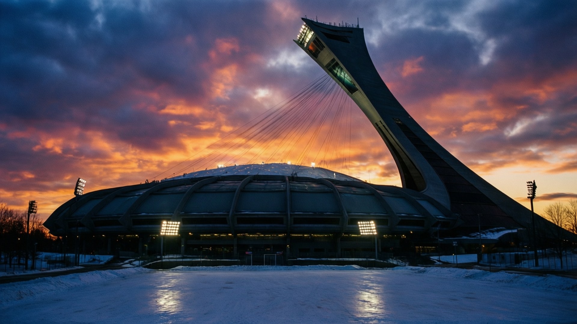 Olympic Stadium Twilight 壁紙 — 蒙特婁奧林匹克體育館在雪覆蓋的地面上，以火紅的夕陽天空為背景呈現剪影。