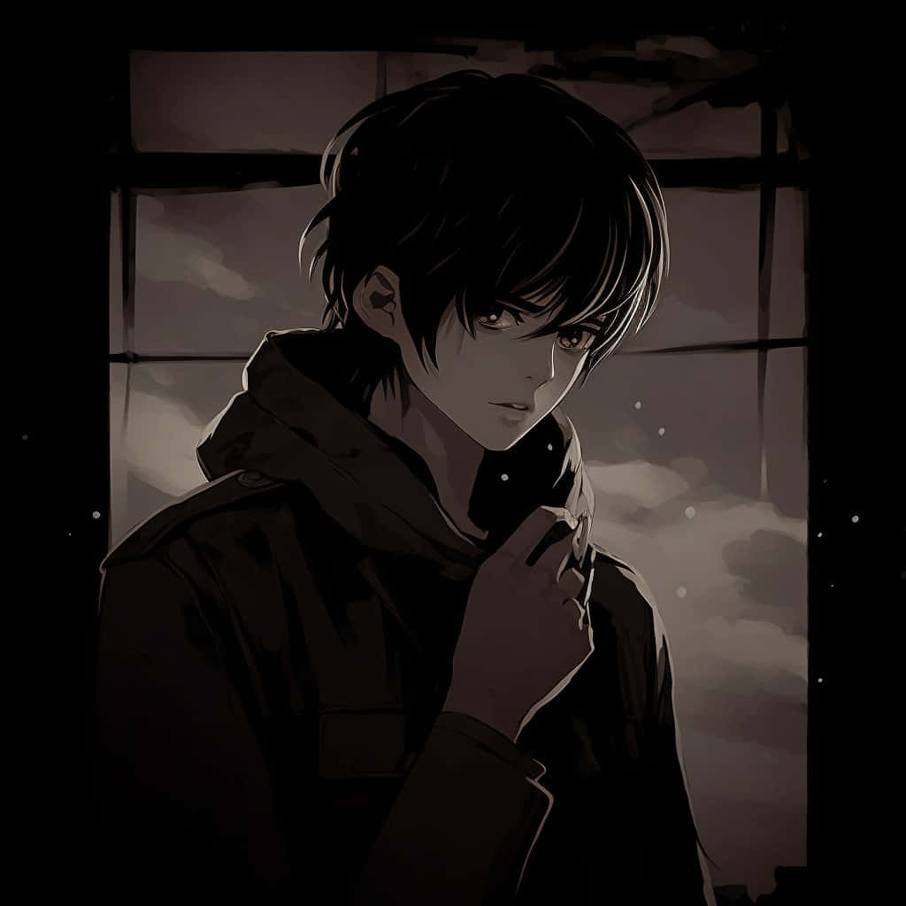 壁紙 — 一個情緒化的動漫男孩穿著深色外套站在窗邊，凝視著多雲的夜空，柔和的光線照亮了他的臉。