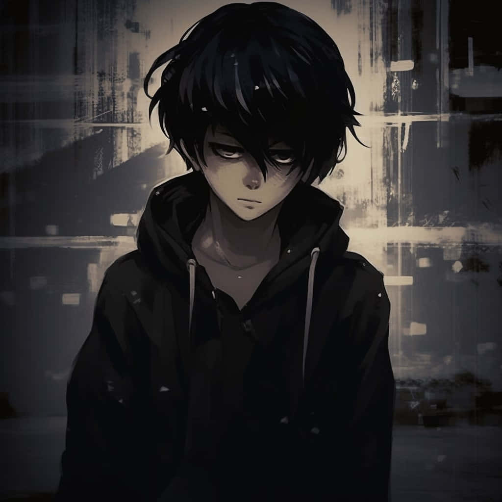  壁紙 — 一個情緒化的動漫男孩，深色頭髮，穿著連帽衫，在帶有條紋光線的粗糙城市背景下嚴肅地凝視著。