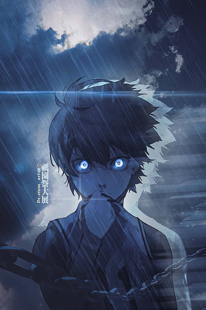  壁紙 — 一個陰鬱的動漫男孩，擁有發光的藍色眼睛，在暴風雨的天空下透過傾盆大雨凝視，脖子上掛著鎖鏈。