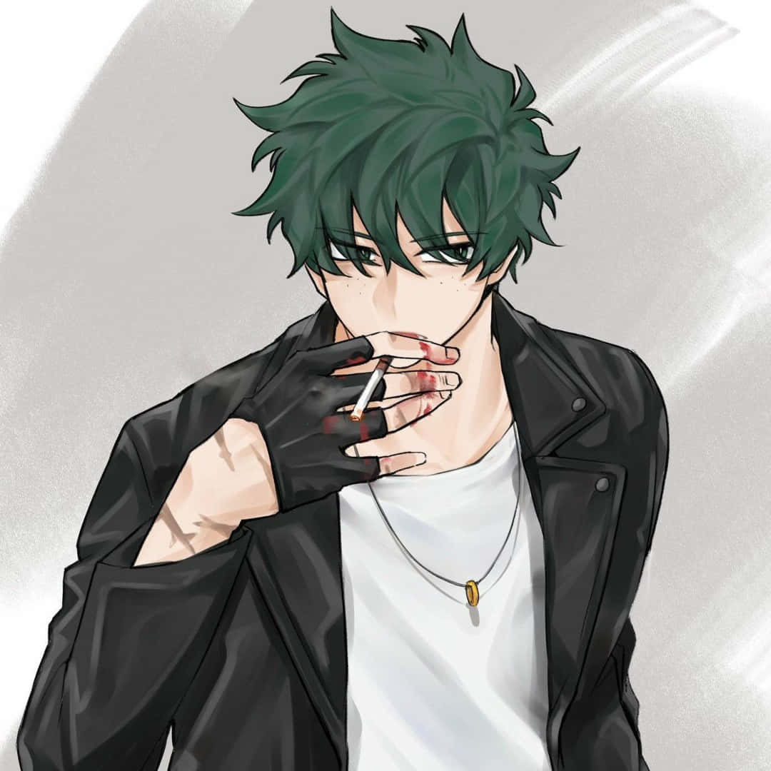  壁紙 — 一個陰鬱的動漫男孩，綠髮，戴著黑色手套和皮夾克抽煙。