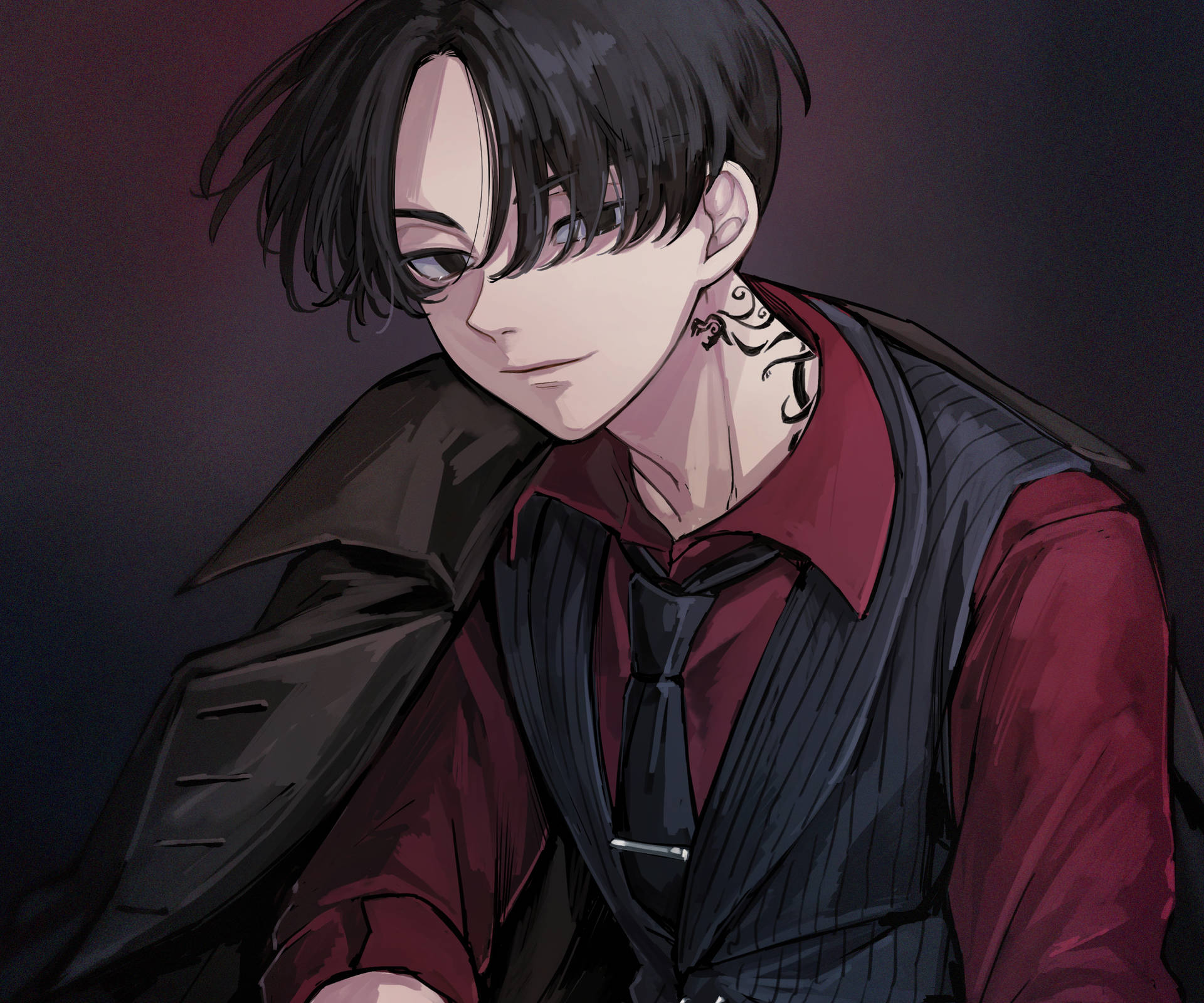 動漫角色，黑髮和頸部刺青，穿著紅色襯衫和黑色背心。 — Mikey Tokyo Revengers 壁紙