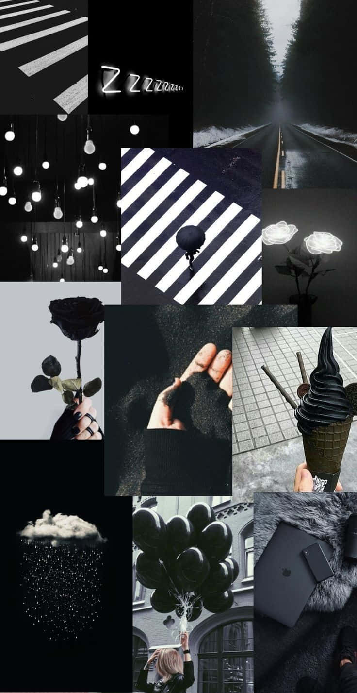 壁紙 — 一幅充滿氛圍的黑白拼貼畫，描繪了雨中的道路、黑玫瑰、發光的燈光以及一個拿著氣球的人。