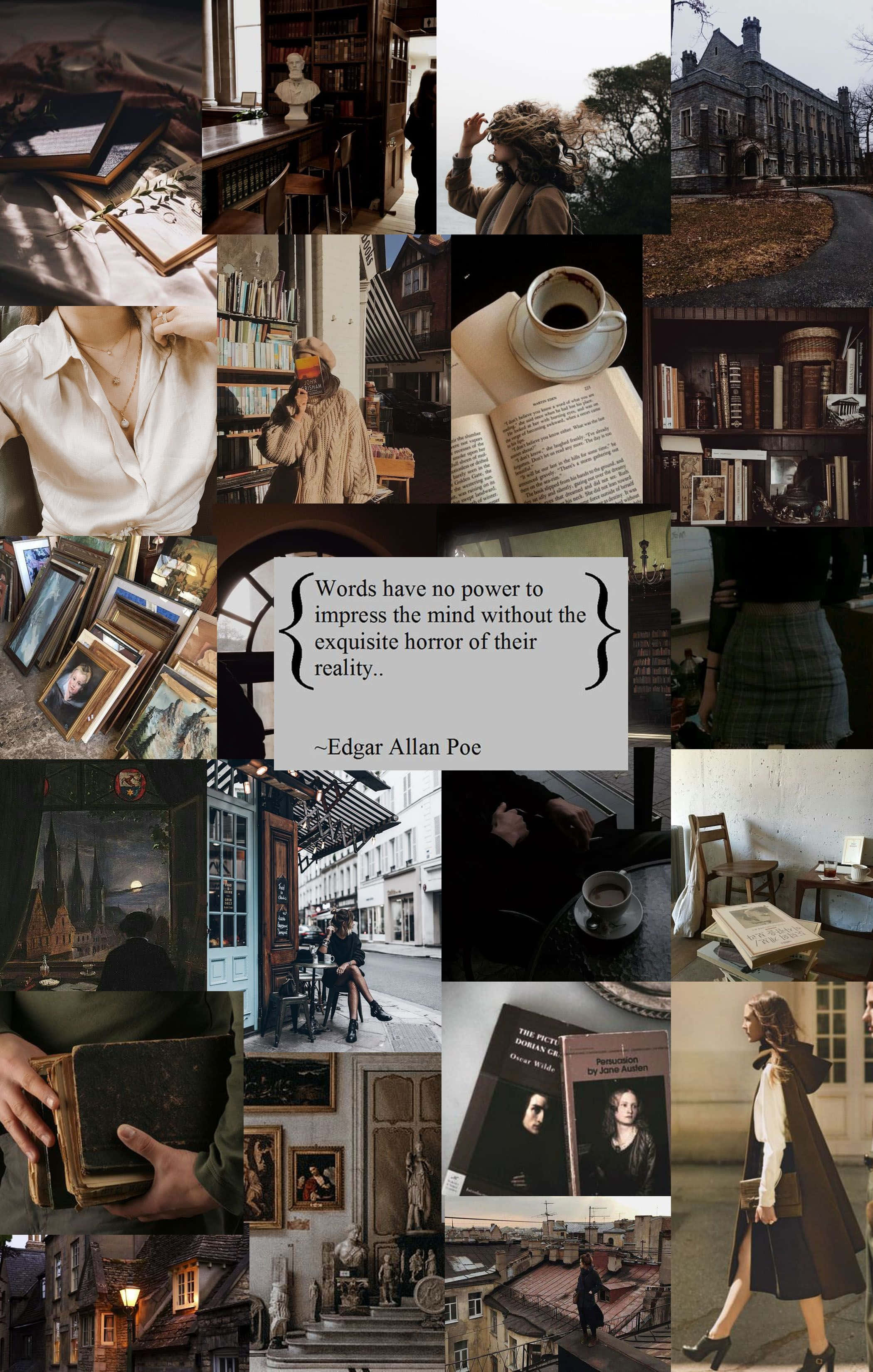 Dark Book Aesthetic 桌布 壁紙 — 帶有書架、咖啡杯、復古照片和愛倫·坡語錄的憂鬱文學拼貼畫，以懷舊棕色調呈現。