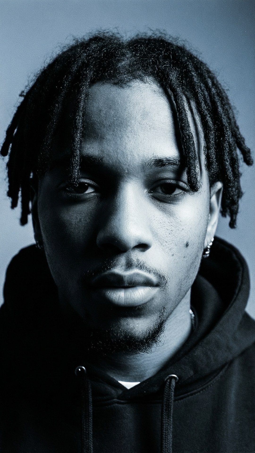 一個留著辮子的年輕男子穿著連帽衫的黑白藍色調特寫肖像。 — Xxxtentacion 壁紙