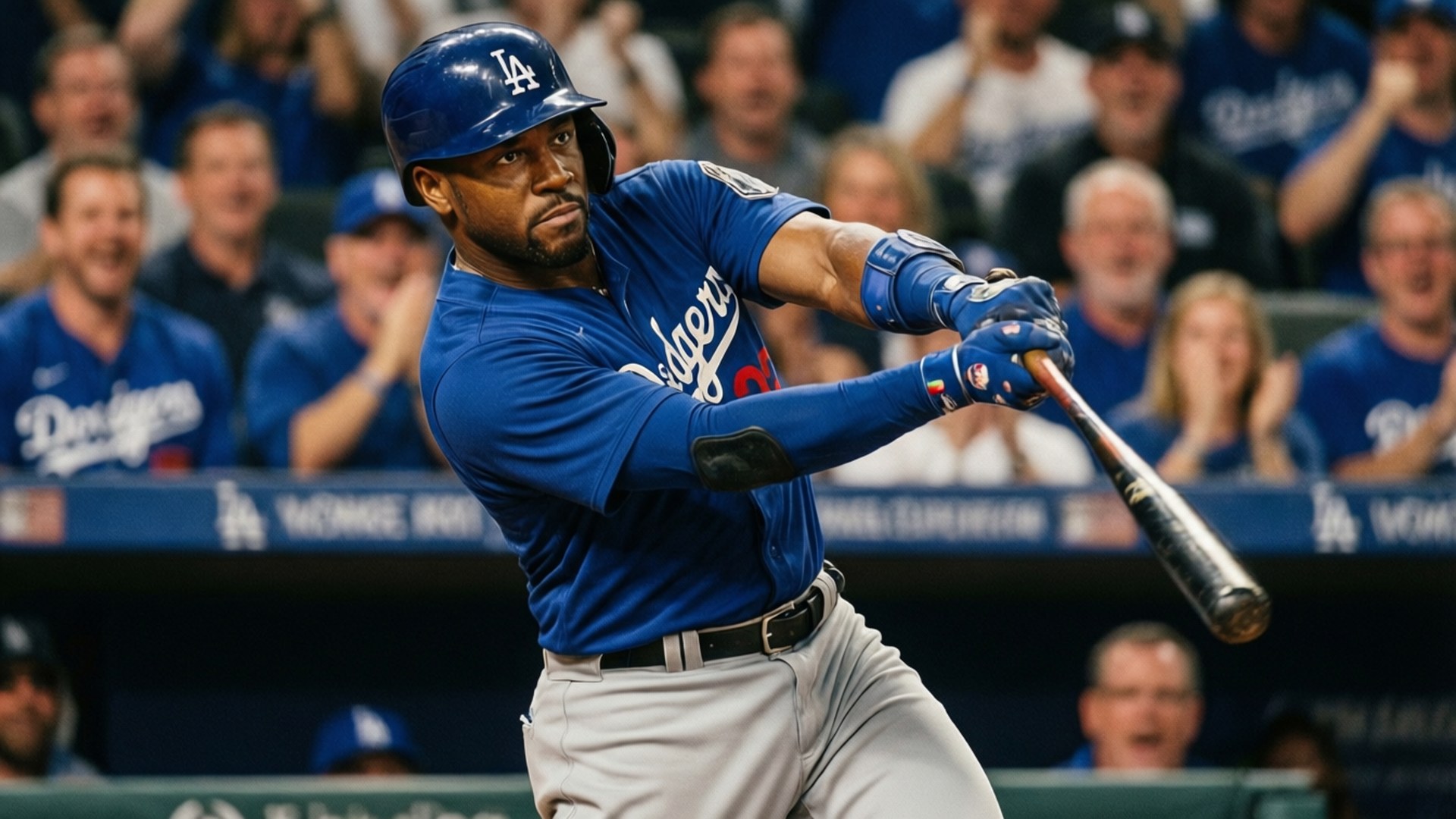 Mookie Betts 揮棒 壁紙 — 一位洛杉磯道奇隊的棒球運動員在夜間比賽中專注地揮棒，背景中球迷們在歡呼。