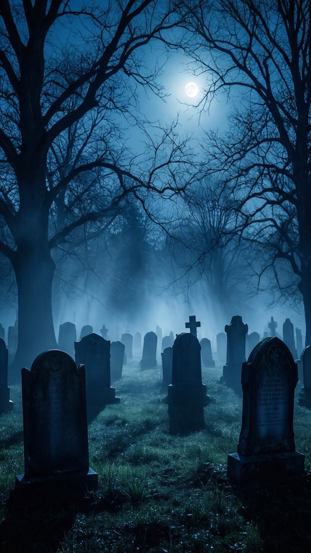 Blue Moon Graveyard 壁紙 — 月光穿過光禿禿的樹木，在寂靜的墓園中，在霧氣籠罩的墓碑上投下詭異的陰影。