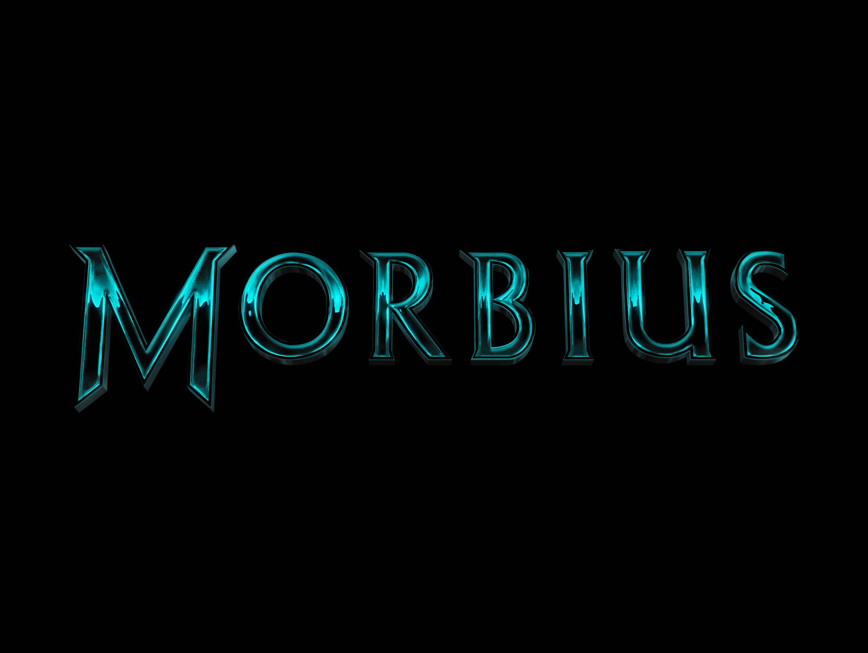 魔比斯 桌布 壁紙 — 「Morbius」這個字在純黑色背景上發出帶有威脅性的青綠色光芒。