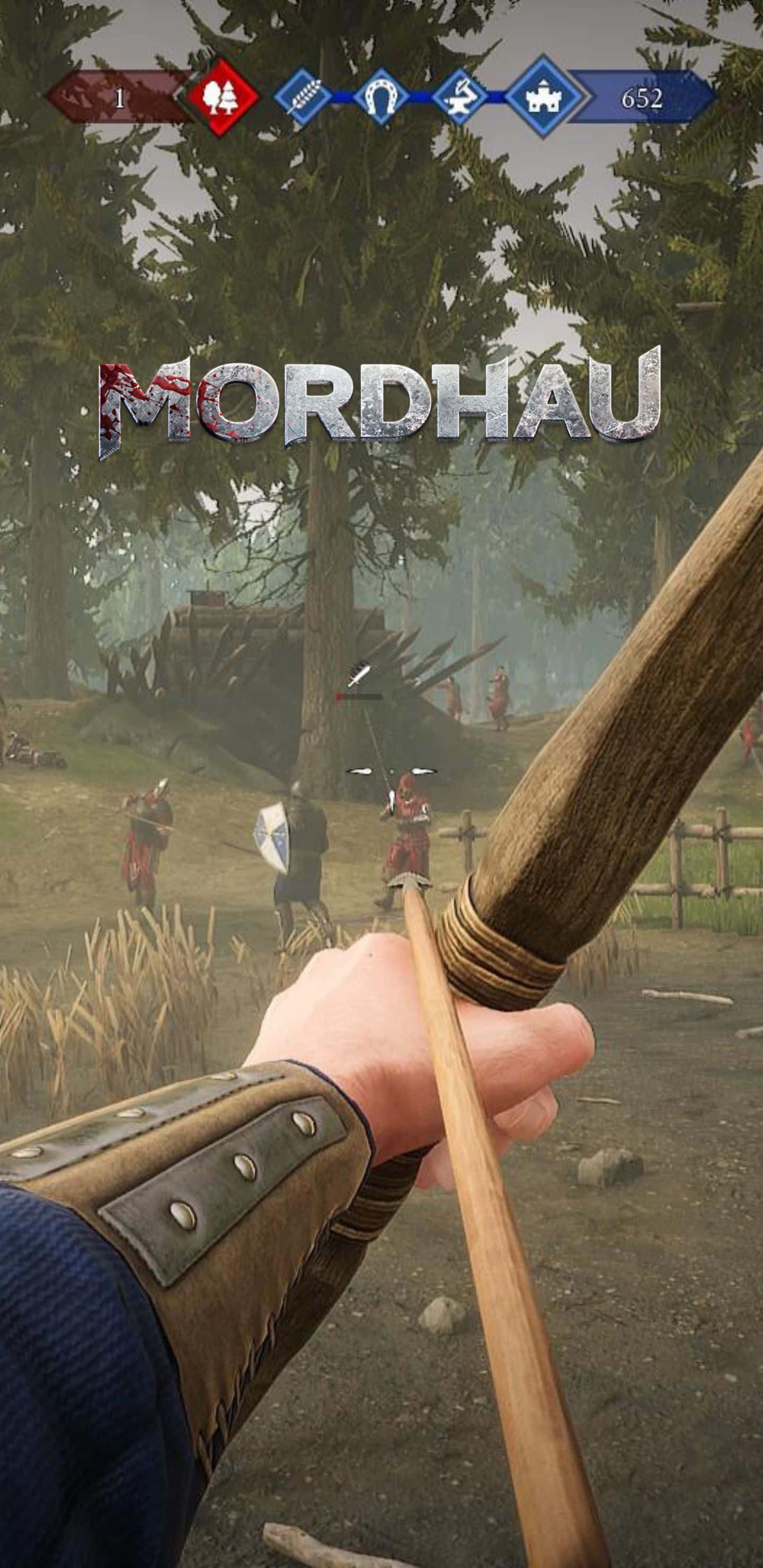 Pixel 3xl Mordhau 桌布 壁紙 — Mordhau中，玩家在迷霧籠罩的中世紀森林戰場上瞄準弓箭的第一人稱視角。