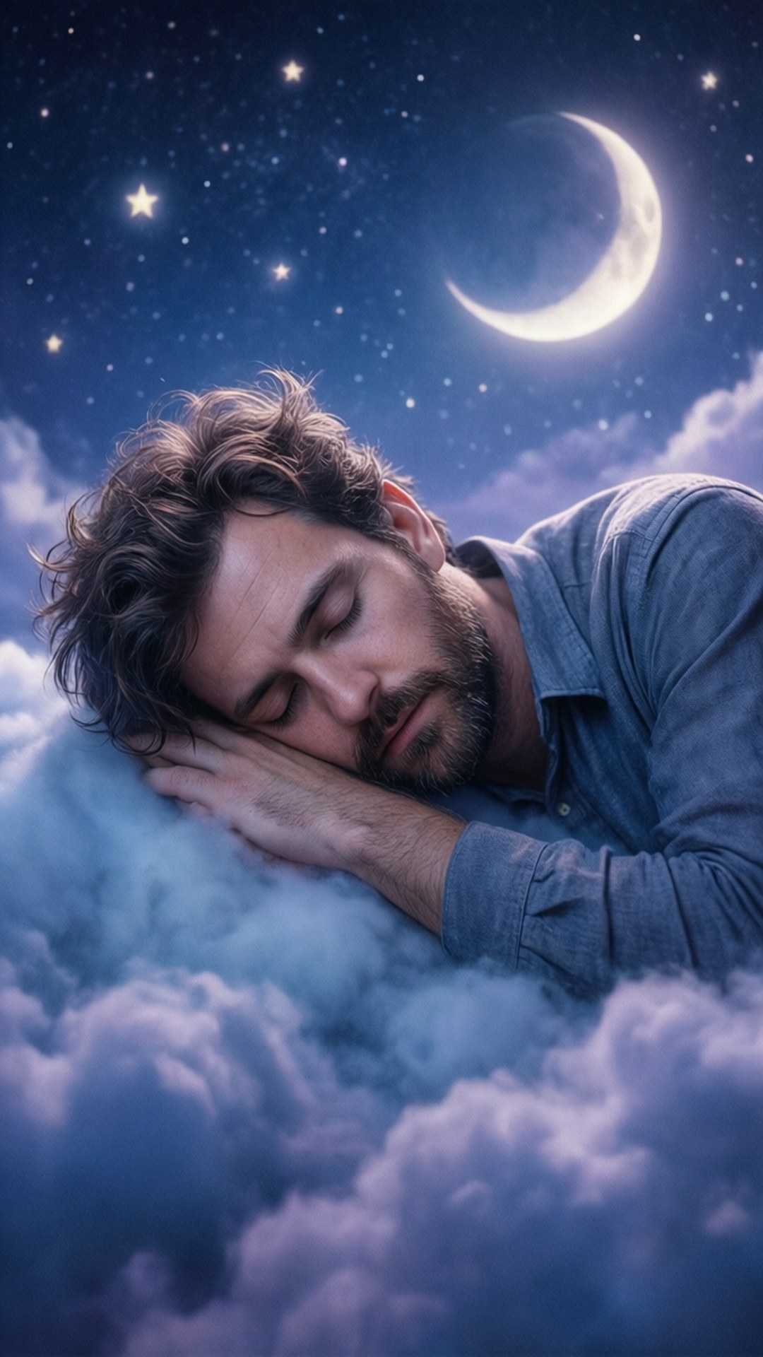 雲端安眠的Mort 壁紙 — 一個留鬍鬚的男人在彎月和閃爍星星下的柔軟雲朵上安然入睡。