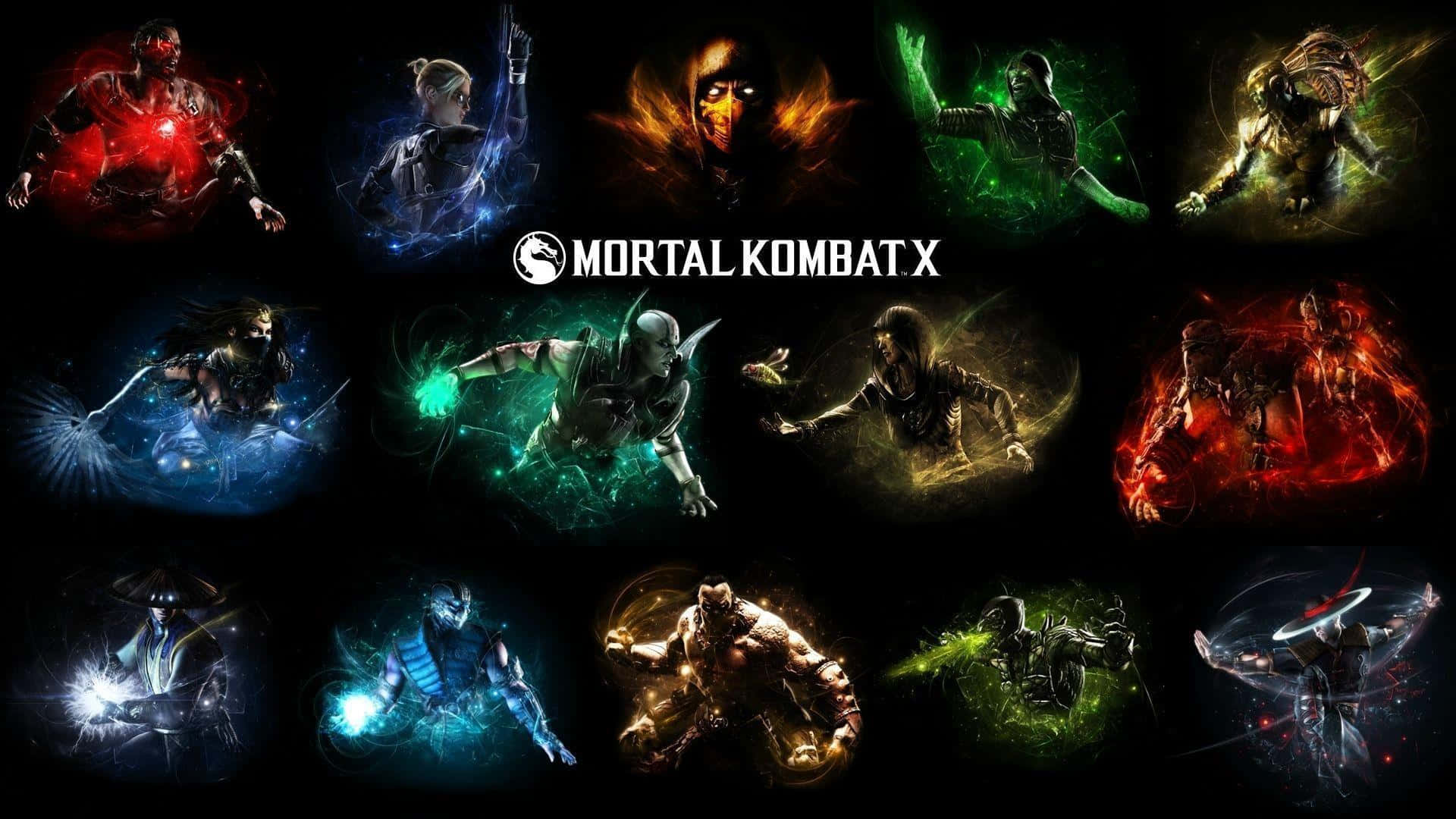 Mortal Kombat X 桌布 壁紙 — Mortal Kombat X 角色在黑色背景上以元素力量發光，擺出動態戰鬥姿勢。