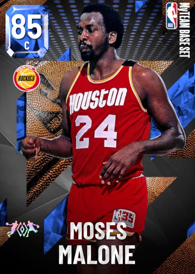 Man 桌布 壁紙 — Moses Malone 身穿休士頓火箭隊球衣，在動態藍金幾何背景前擺出姿勢，附有NBA MyTeam卡片圖案。