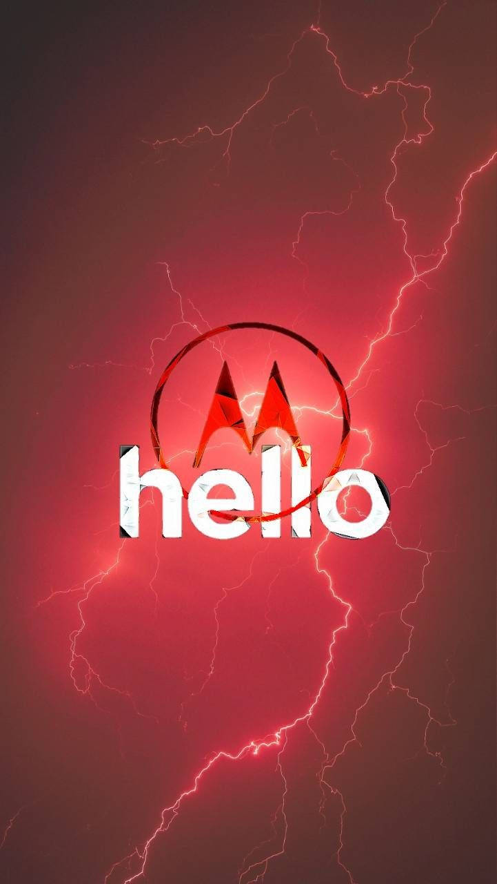 摩托羅拉 桌布 壁紙 — Motorola 標誌帶有 'hello' 文字，在紅色背景上發光，背景充滿電光閃爍。