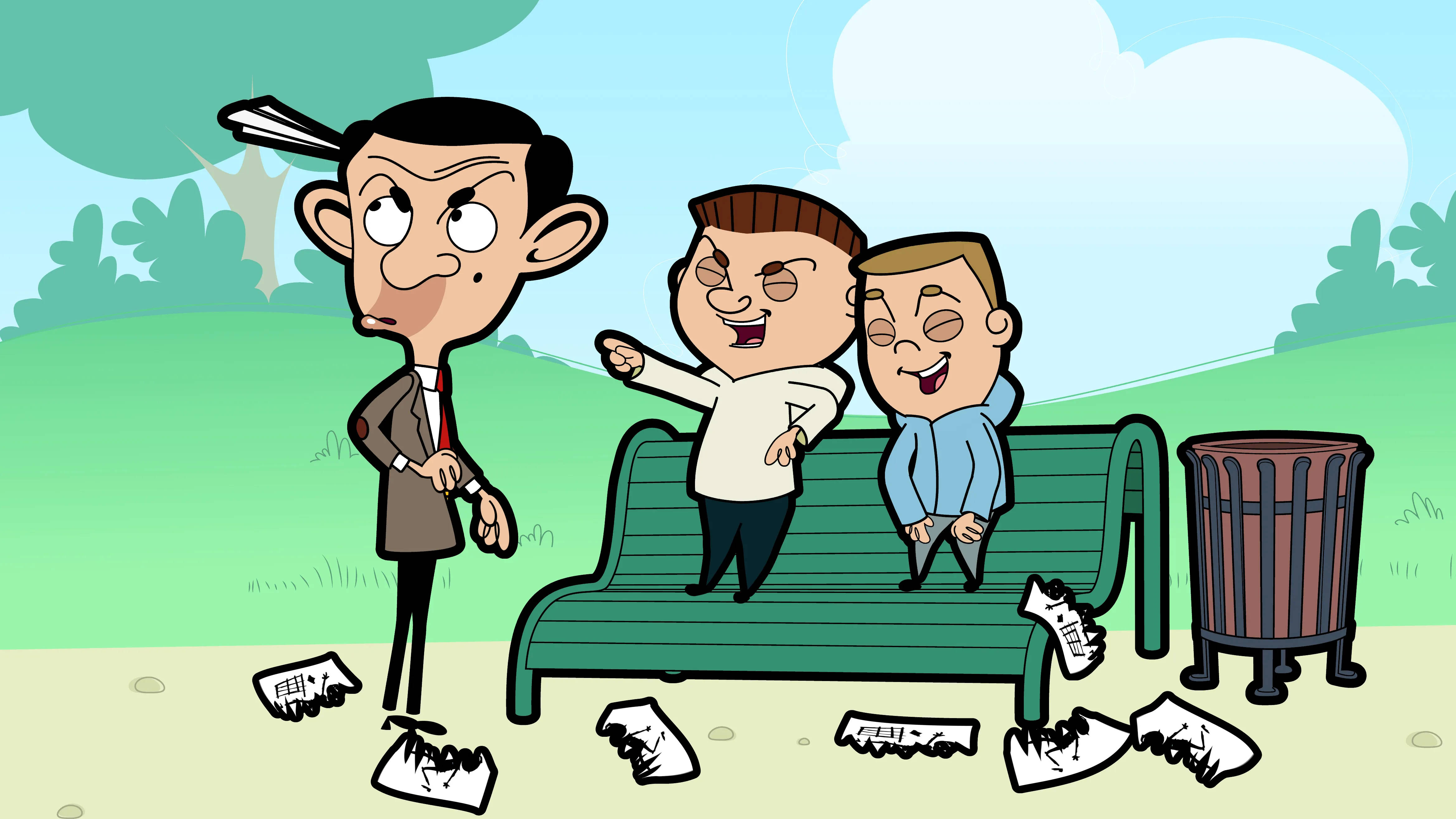 Mr. Bean 怒氣沖沖，兩個男孩在長椅上大笑，散落撕碎的紙張。 — 4K 壁紙