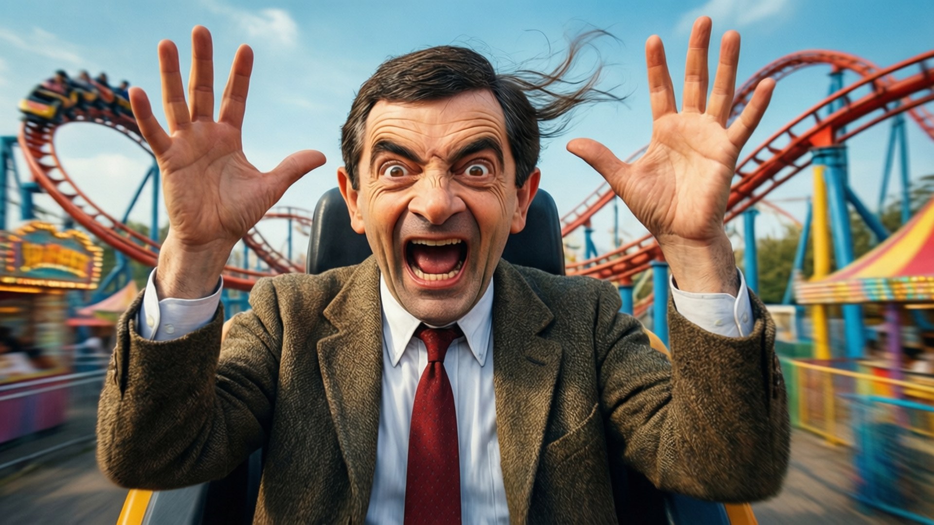 Thrill Ride Bean 壁紙 — Mr Bean 在遊樂園乘坐色彩繽紛的雲霄飛車時舉起雙手尖叫。