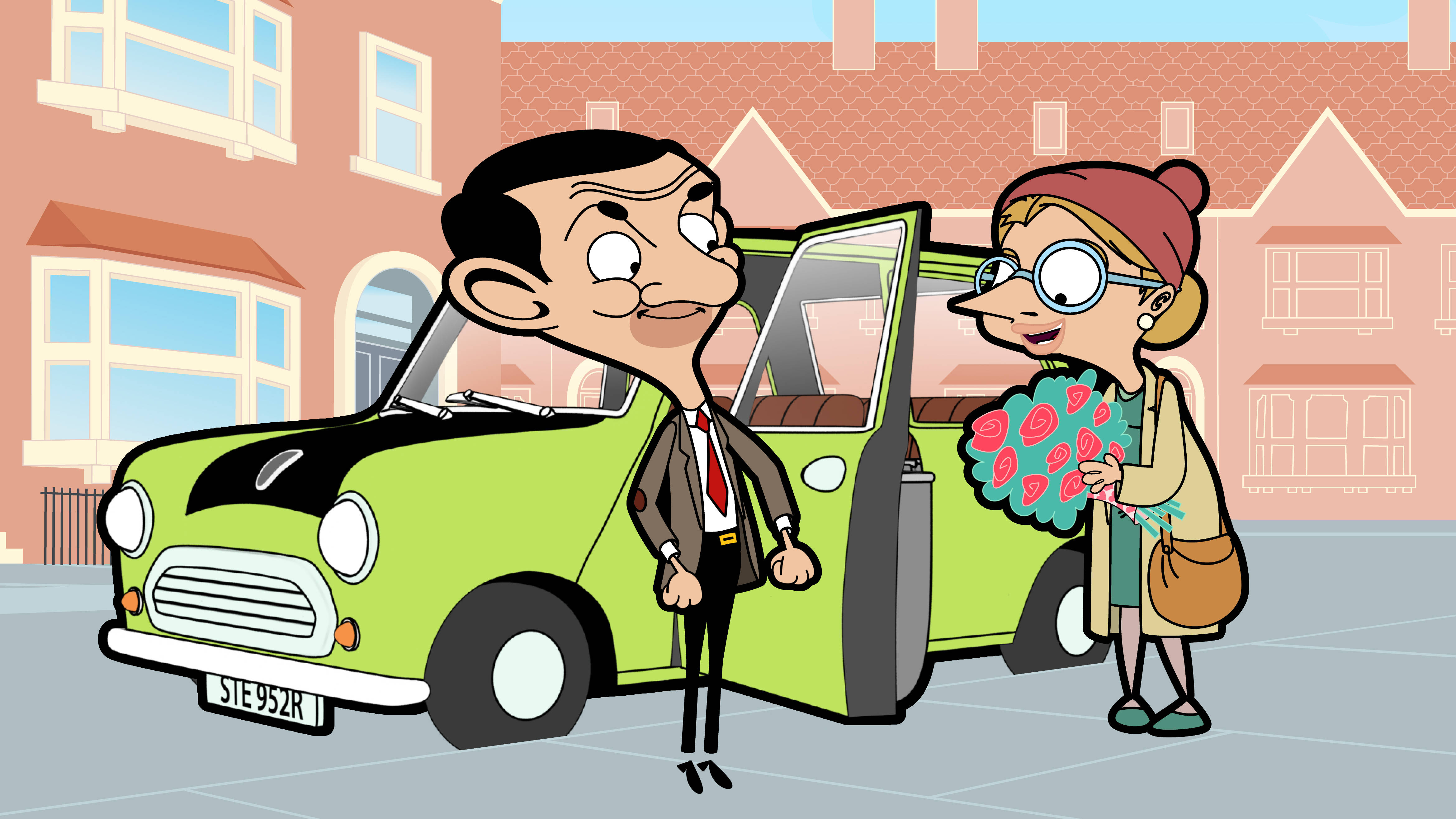 Mr. Bean 在城市街道上，在他綠色 Mini Cooper 旁邊接受一位女士的玫瑰。 — 4K 壁紙