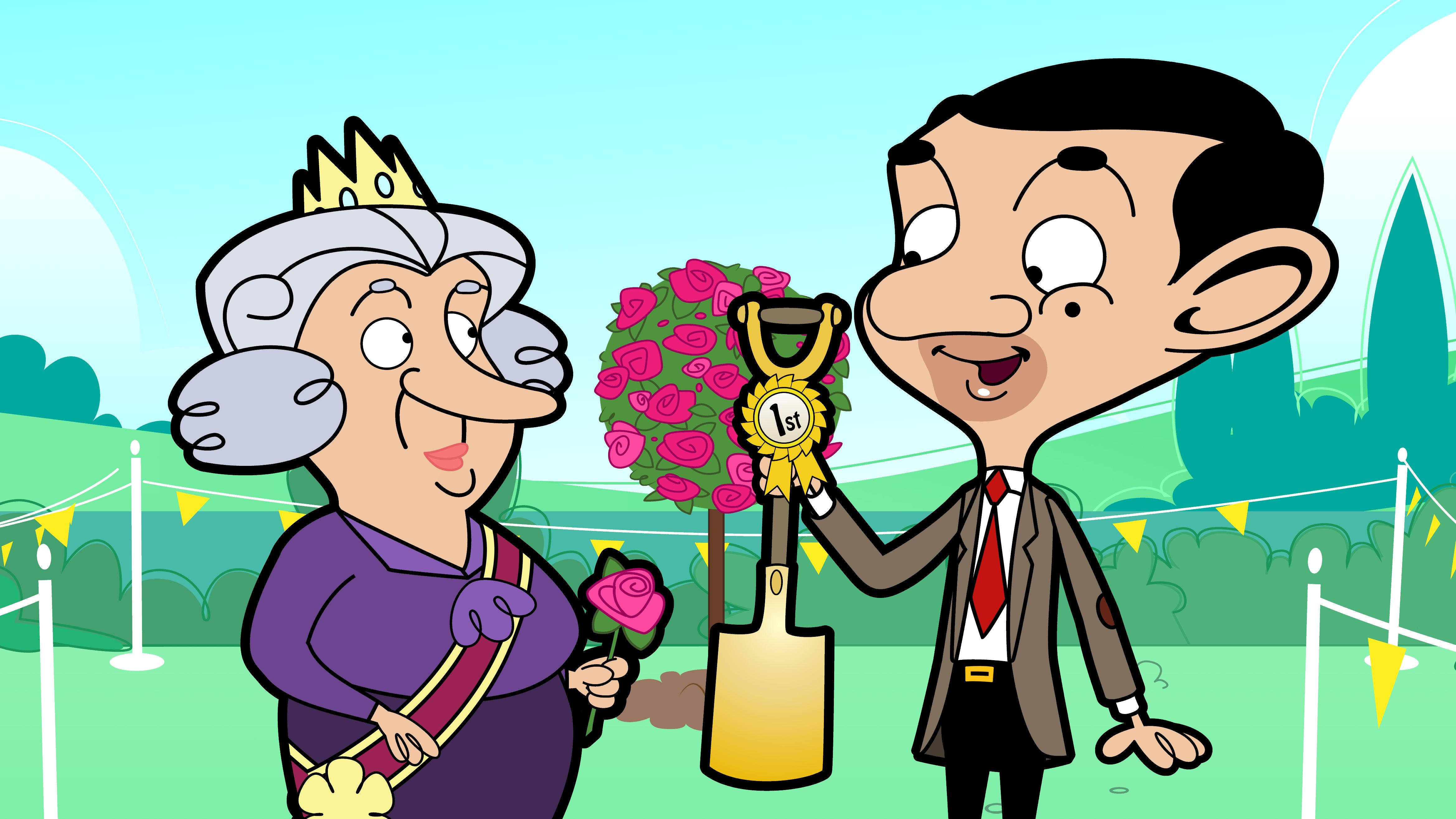 Mr Bean 在園藝展上從一位戴皇冠的女子手中接過金鏟獎盃。 — 4K 壁紙