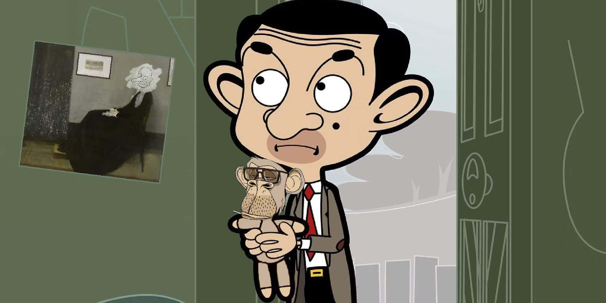 豆豆先生 桌布 壁紙 — Mr Bean 以卡通風格在綠色房間裡拿著一個猴子木偶，表情震驚。