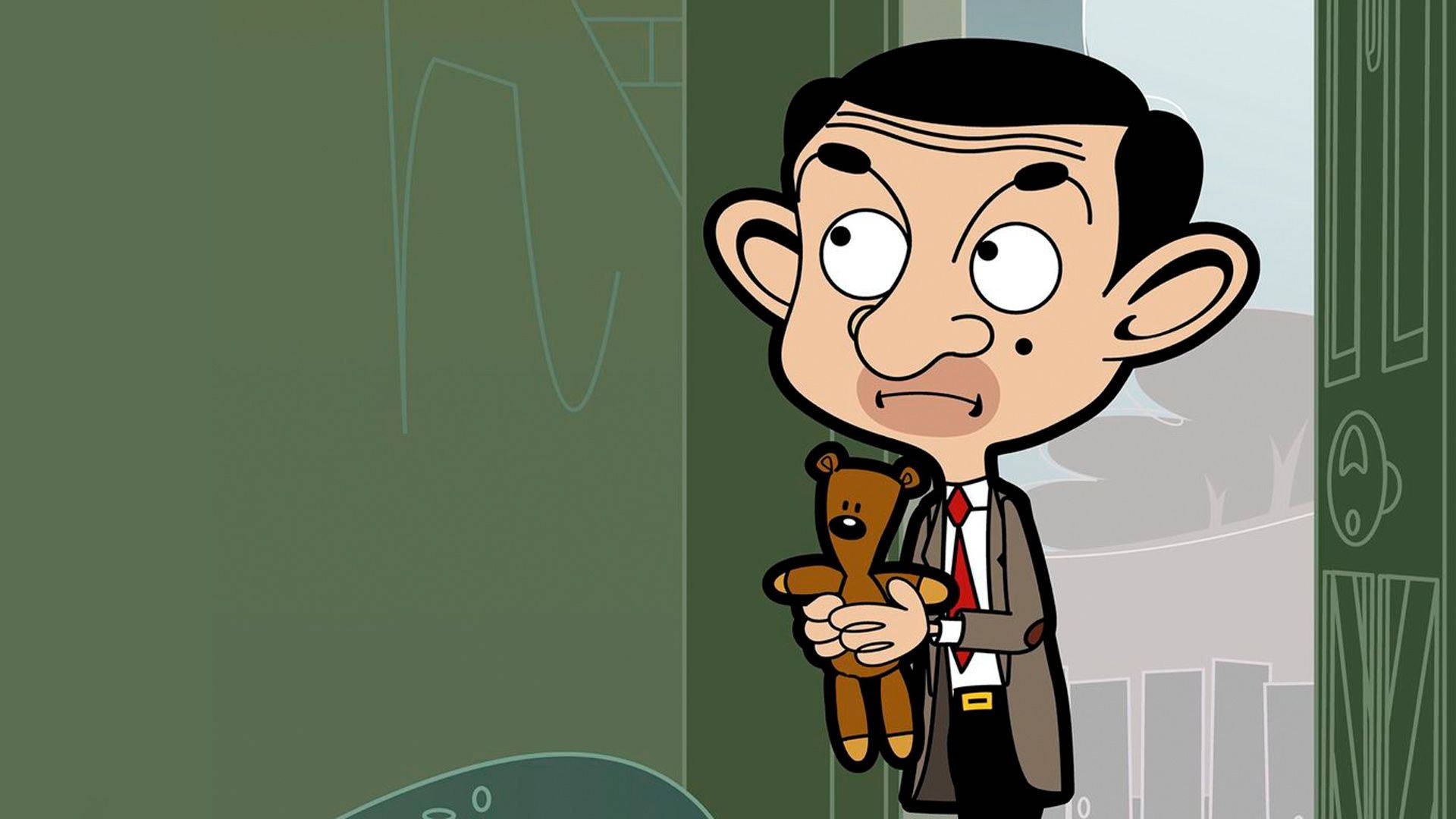Cartoon 桌布 壁紙 — Mr Bean 以卡通風格在綠色黑板附近抱著一隻泰迪熊，表情驚訝。