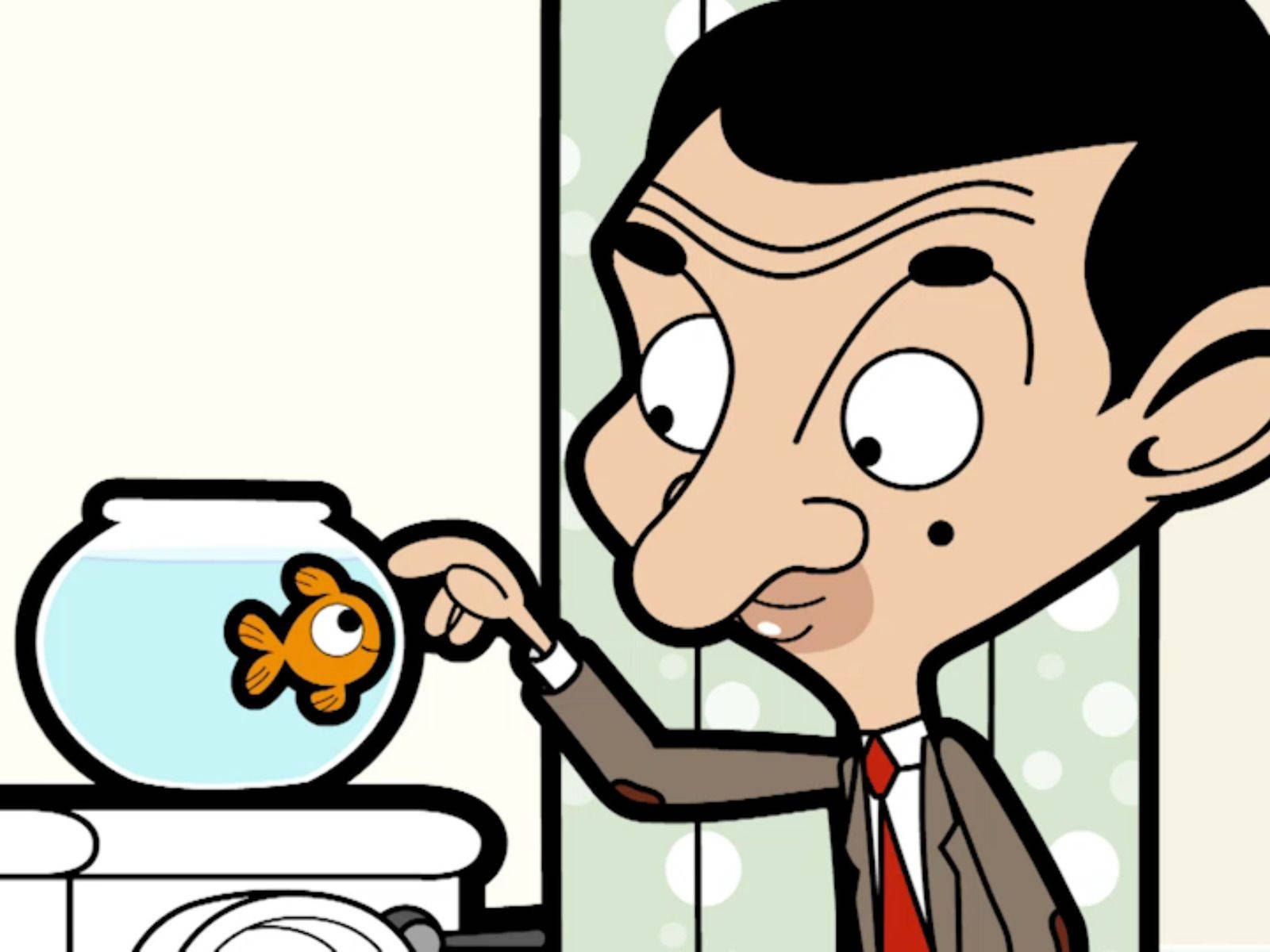 Cartoon 桌布 壁紙 — Mr Bean 以卡通風格指著圓碗中的金魚，表情驚訝。