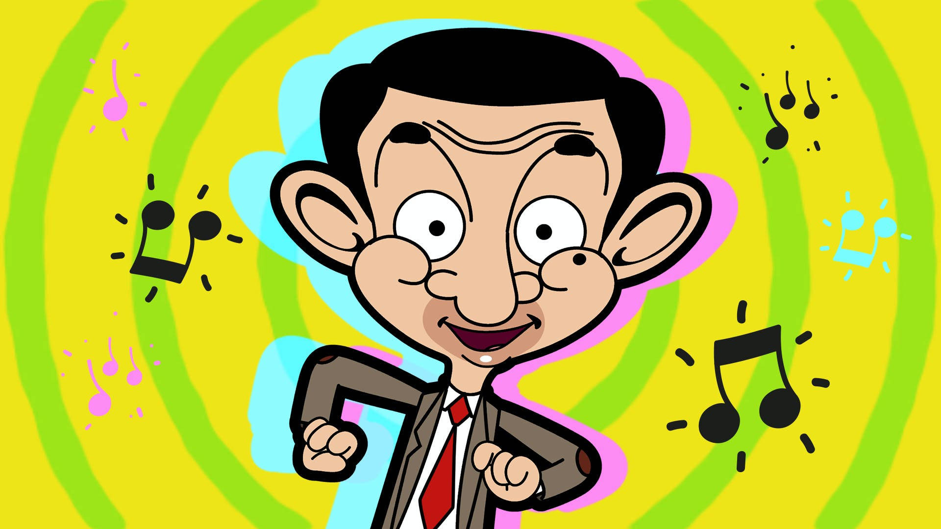 Funny Cartoon 桌布 壁紙 — Mr Bean 卡通人物快樂地跳舞，周圍環繞著色彩繽紛的漩渦圖案和音符。