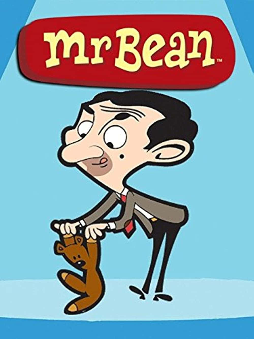豆豆先生 桌布 壁紙 — Mr Bean 卡通角色在聚光燈下抱著一隻泰迪熊，上方有他的名字標誌。