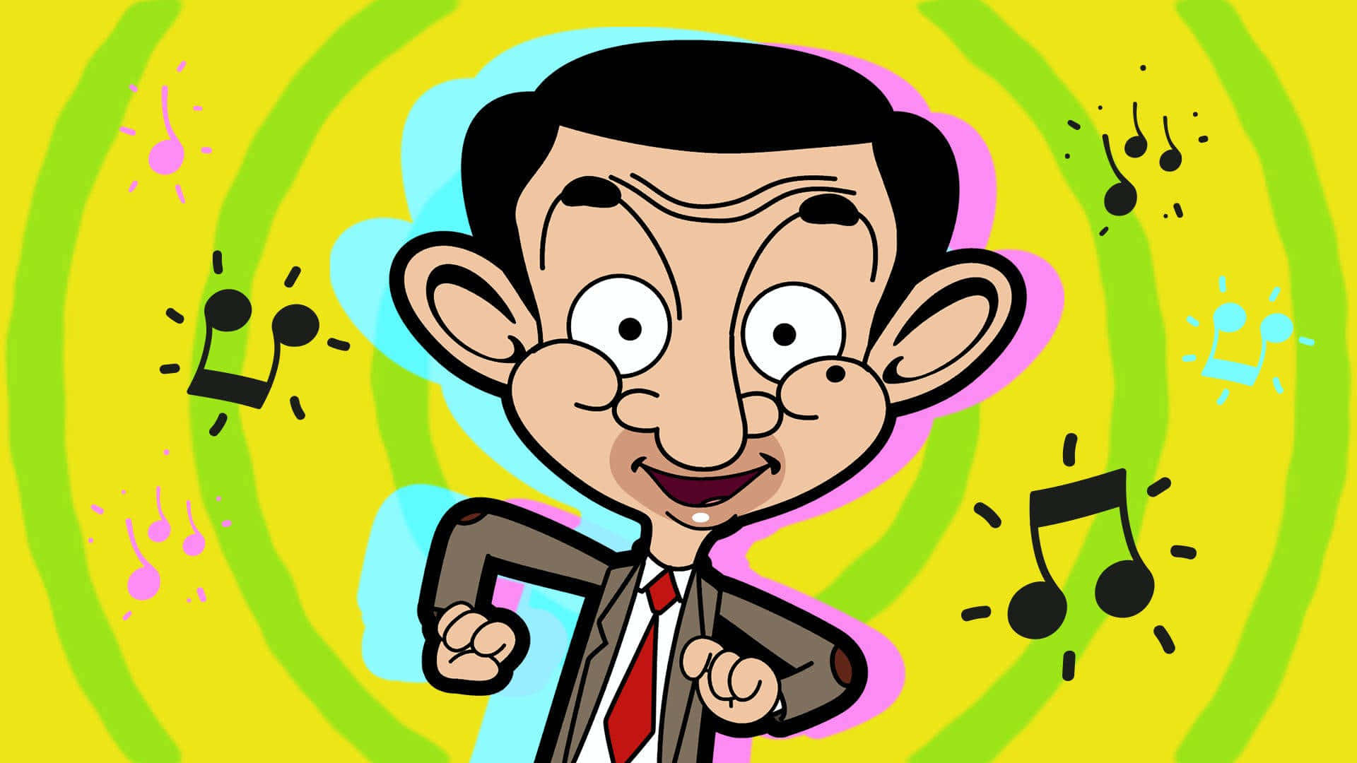 豆豆先生 桌布 壁紙 — Mr Bean 卡通角色在色彩繽紛的漩渦背景和音符環繞下快樂地跳舞。