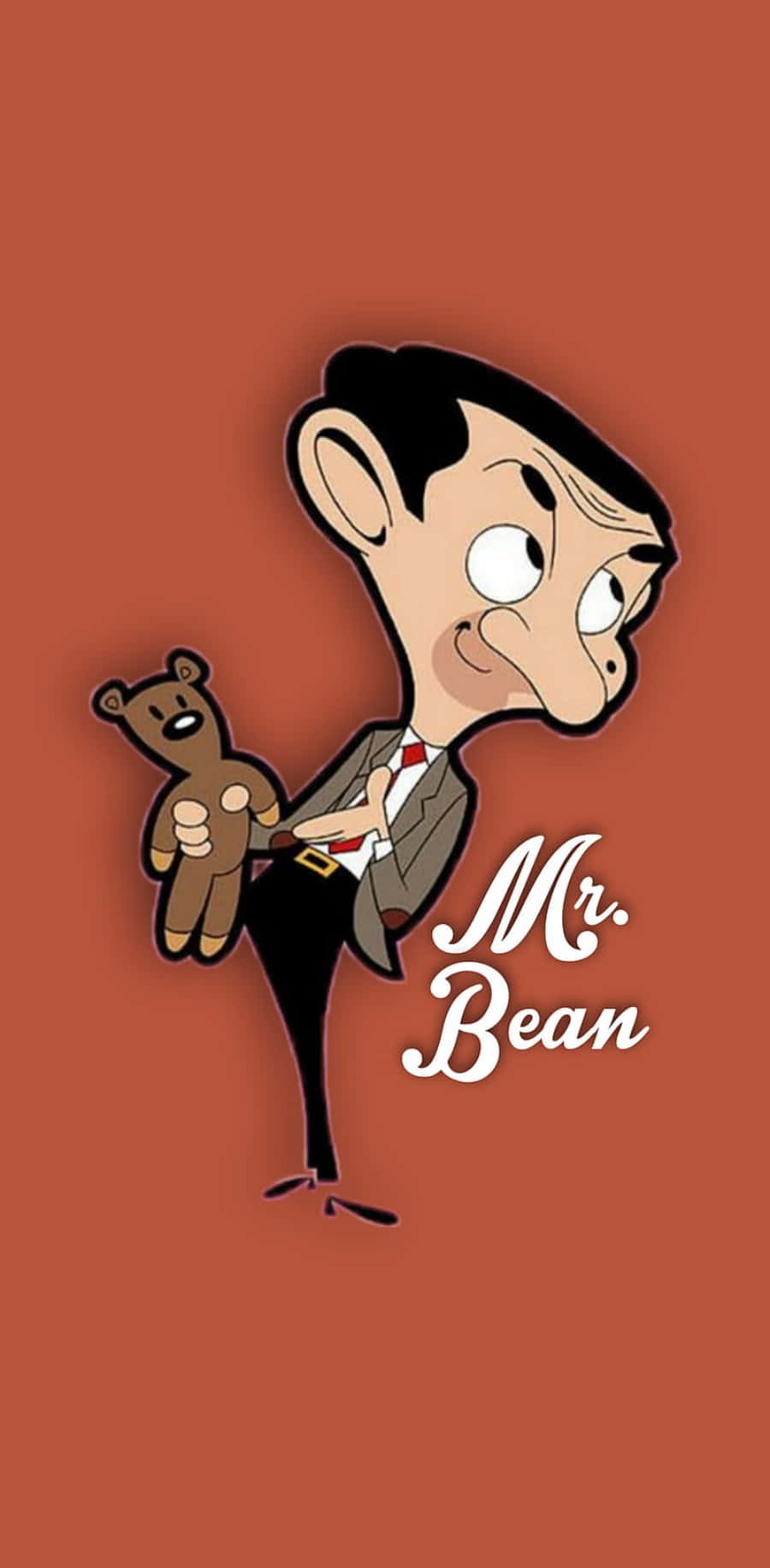 豆豆先生 桌布 壁紙 — Mr Bean 卡通角色抱著一隻泰迪熊，背景為純鏽色，他的名字以白色字體書寫。