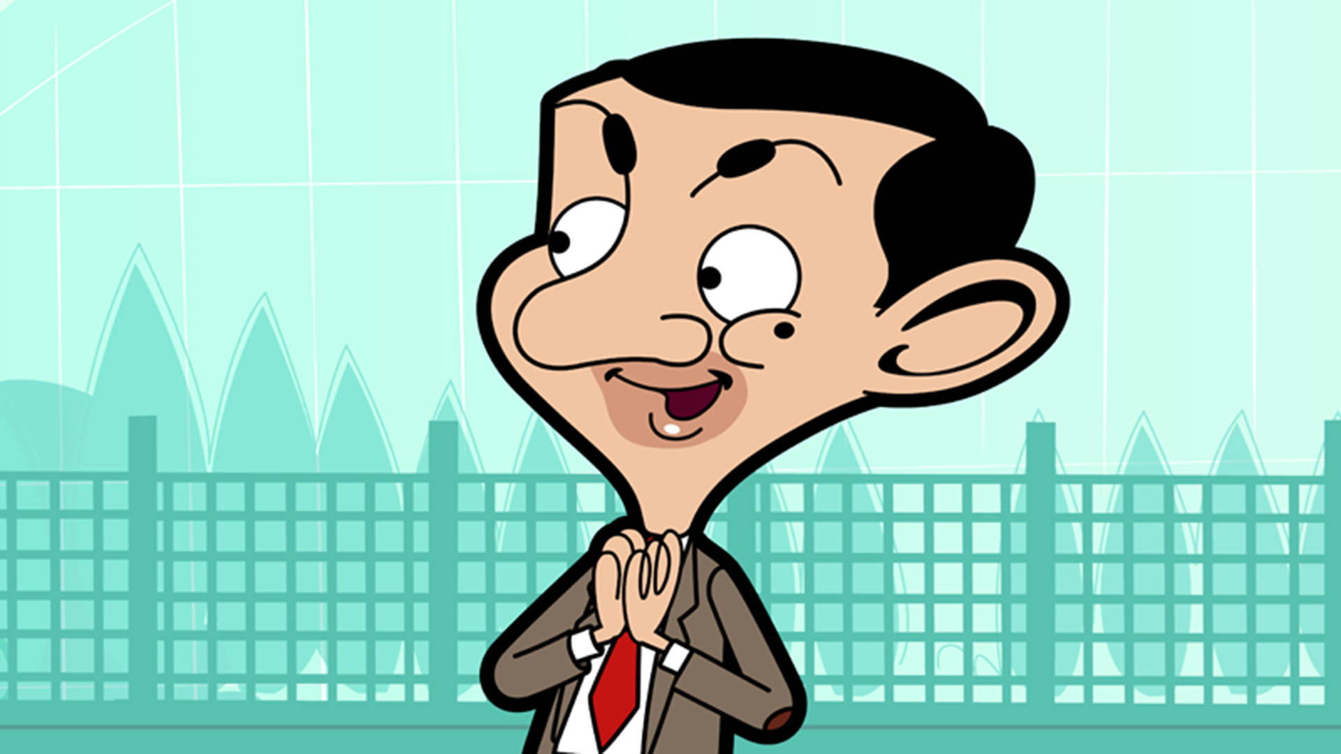 豆豆先生 桌布 壁紙 — Mr Bean 卡通角色穿著西裝和紅色領帶，在帶有圍欄和建築物的青綠色網格背景上愉快地微笑。
