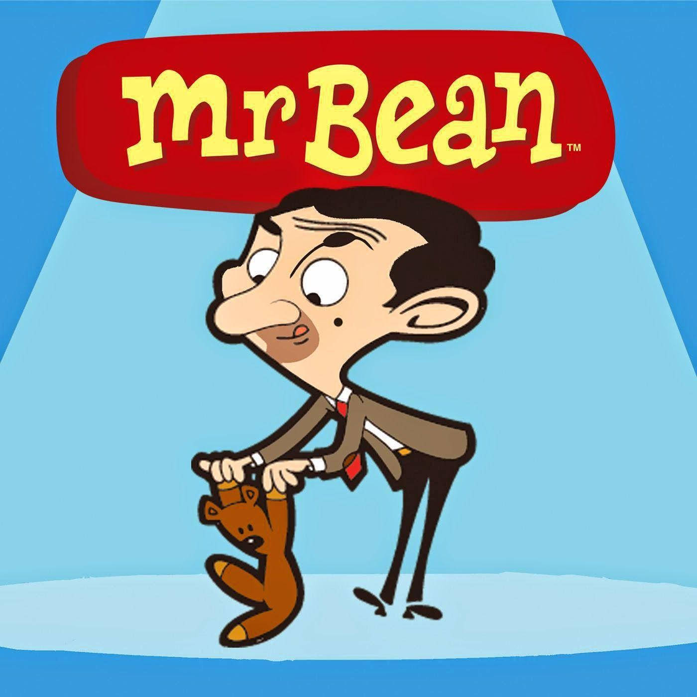 Funny Cartoon 桌布 壁紙 — Mr Bean 卡通角色身穿棕色西裝，在聚光燈下抱著一隻泰迪熊，上方有紅色標誌。