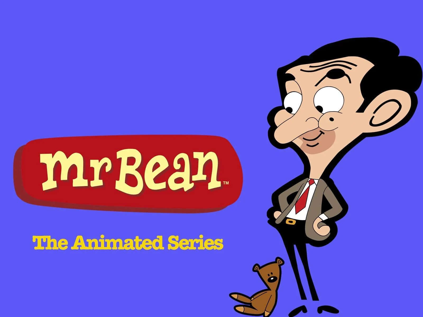 豆豆先生 桌布 壁紙 — Mr Bean 卡通角色身穿西裝，抱著泰迪熊，背景為藍色並帶有節目名稱。
