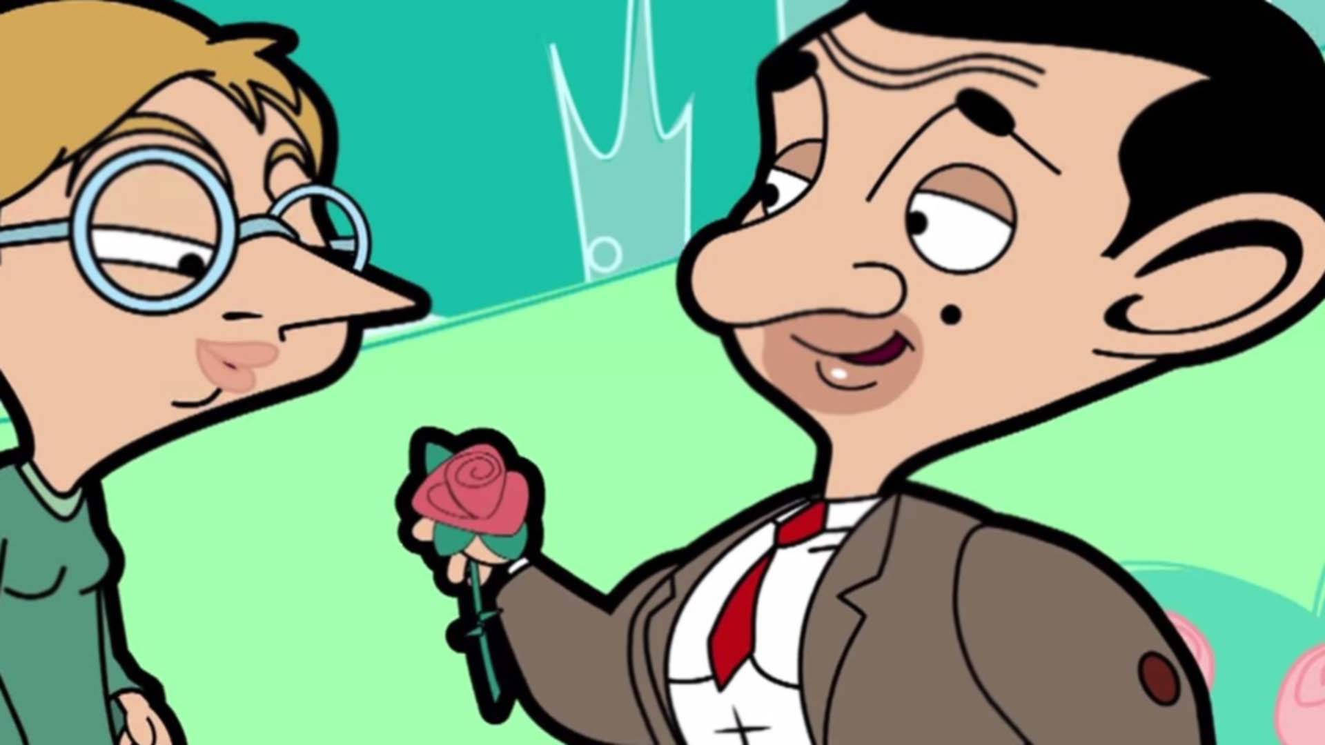 豆豆先生 桌布 壁紙 — Mr Bean 向戴眼鏡的女孩獻上一朵粉紅玫瑰，在明亮的卡通場景中。