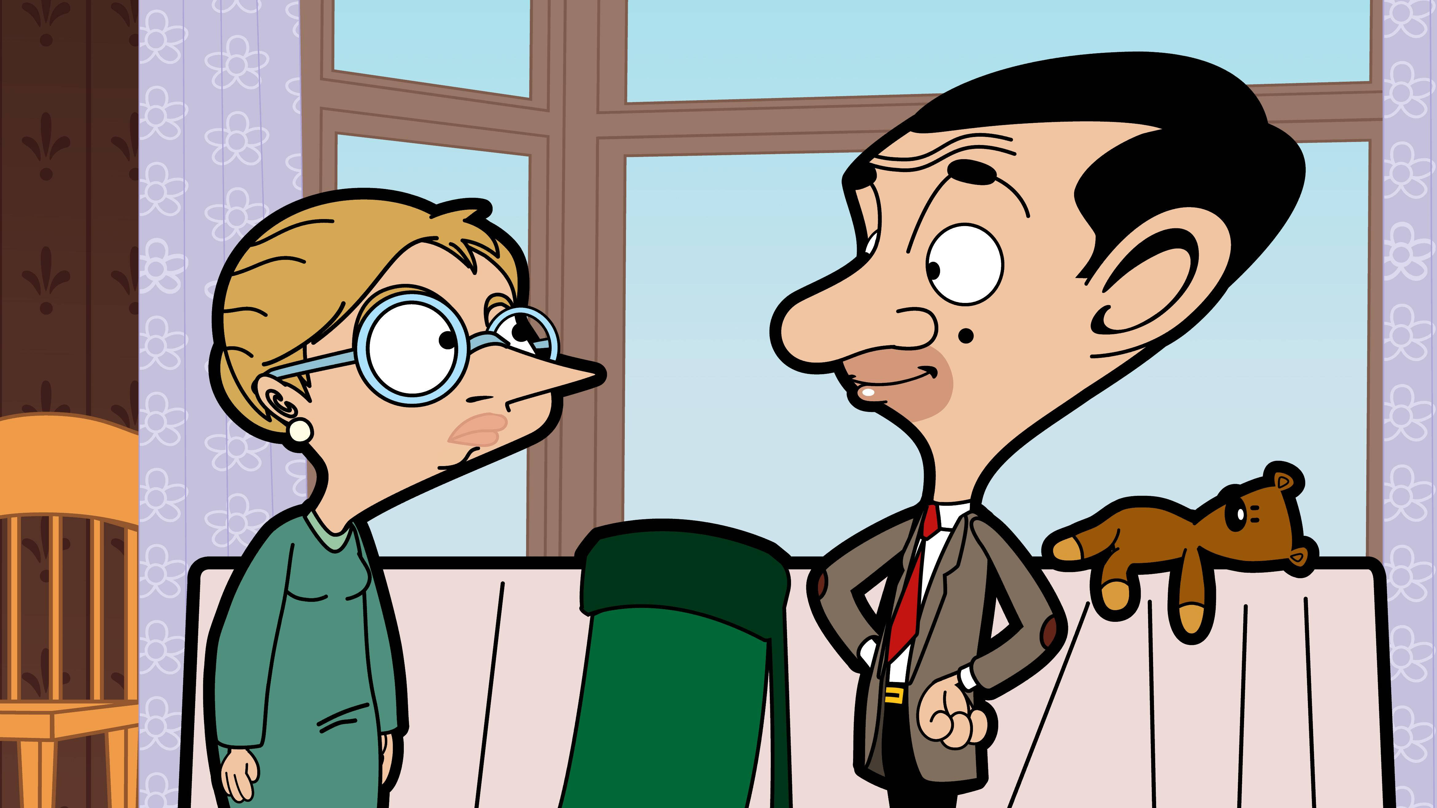 4K 桌布 壁紙 — Mr Bean 和一個戴眼鏡的女人在一個有泰迪熊在沙發上的卡通客廳裡面對面。