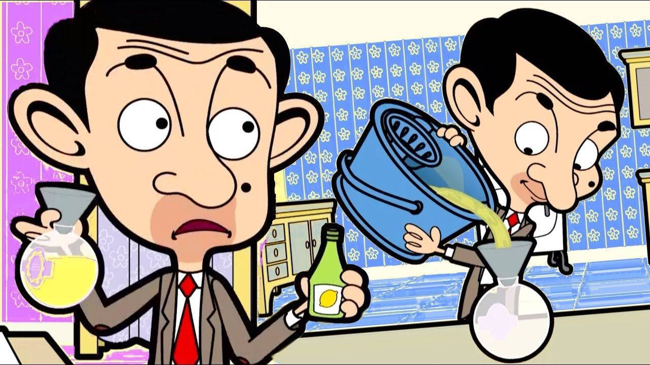 Cartoon 桌布 壁紙 — Mr Bean 在一個有圖案的房間裡用桶和燒瓶進行混亂的化學實驗。