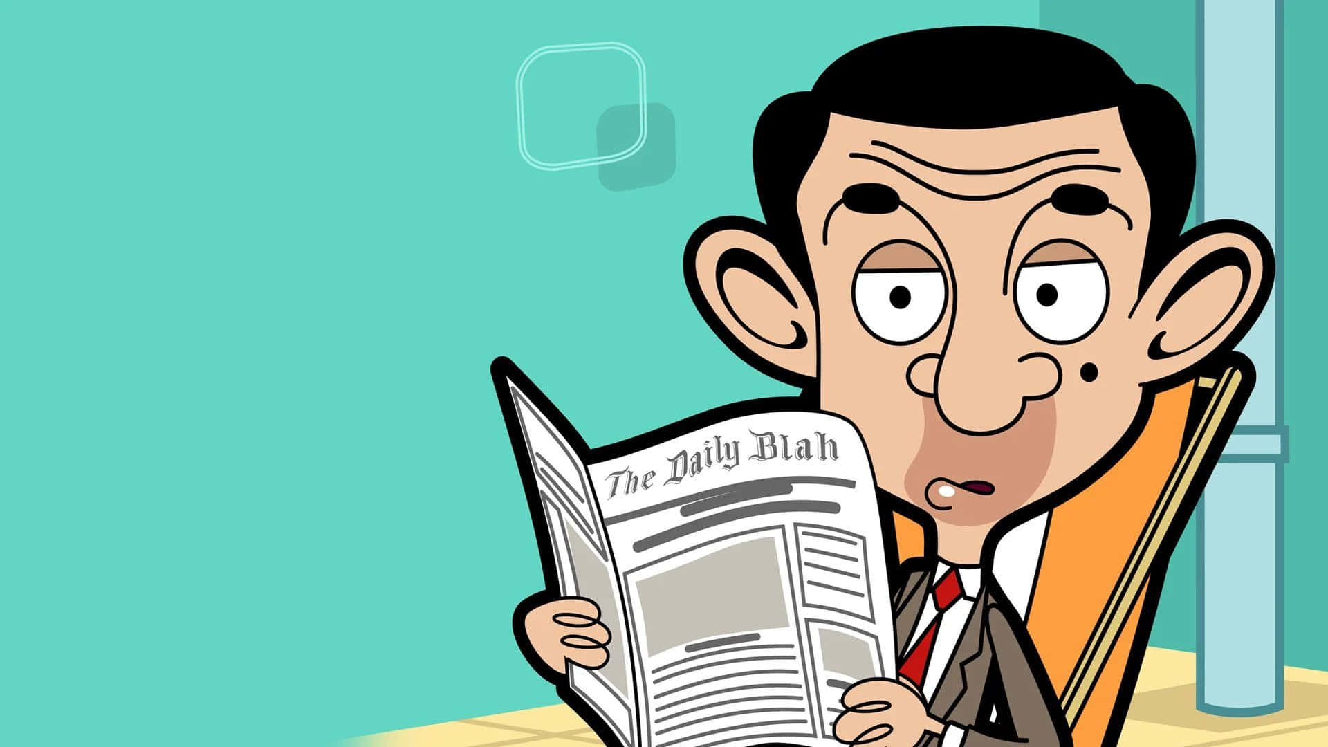豆豆先生 桌布 壁紙 — Mr Bean 在一個簡約的藍綠色房間裡，帶著困惑的表情看著一份名為 The Daily Blah 的報紙。