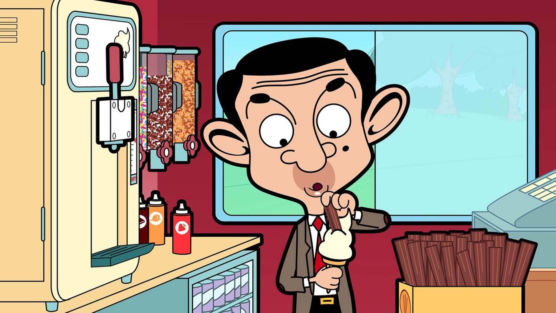 Mr Bean 桌布 壁紙 — Mr Bean 在卡通冰淇淋店裡拿著一個有巧克力棒的冰淇淋甜筒，表情驚訝。