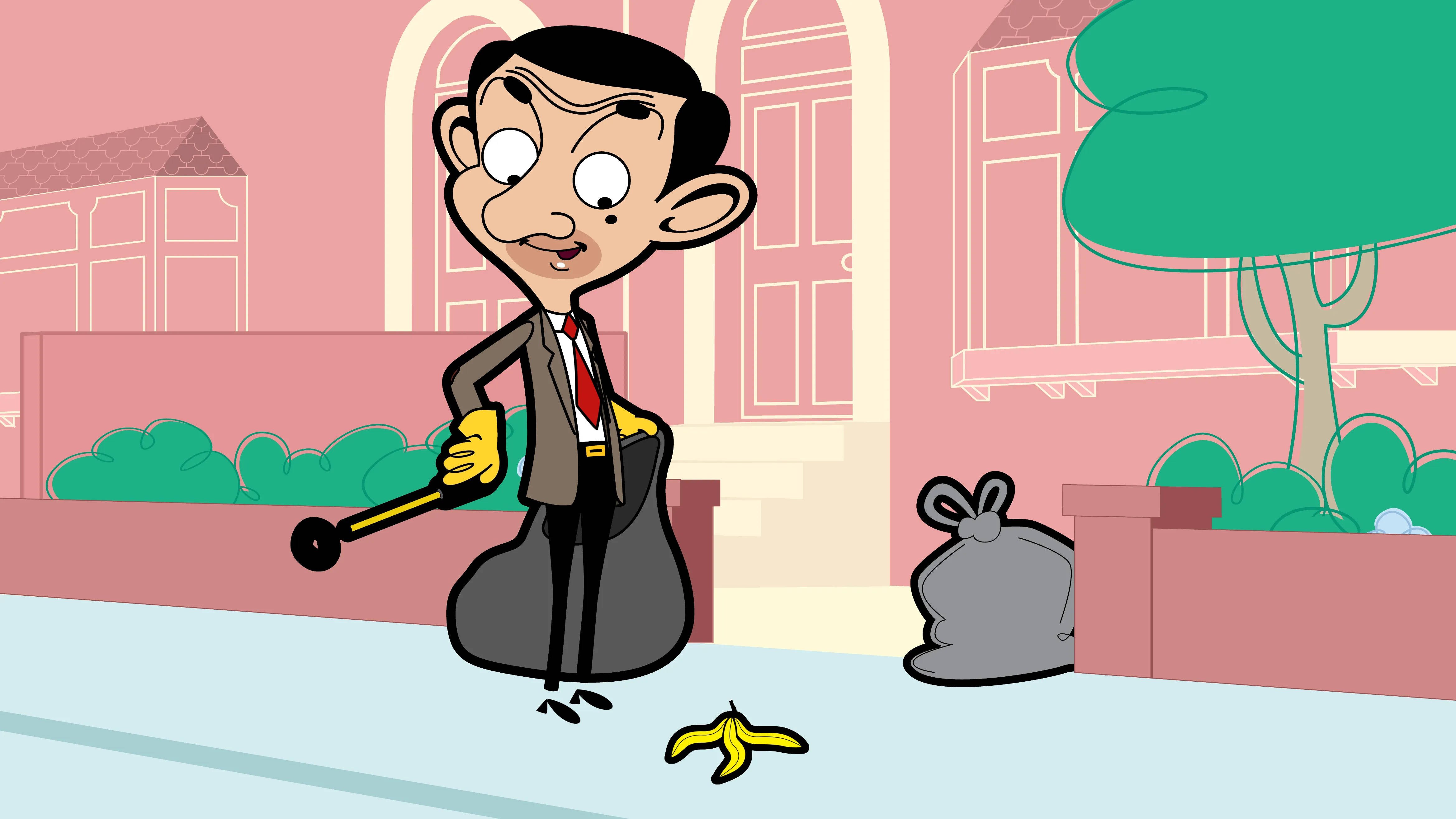 4K 桌布 壁紙 — Mr Bean 在粉紅色房子前面的人行道上，拿著一個垃圾袋和黃色垃圾鏟，旁邊有一塊香蕉皮。