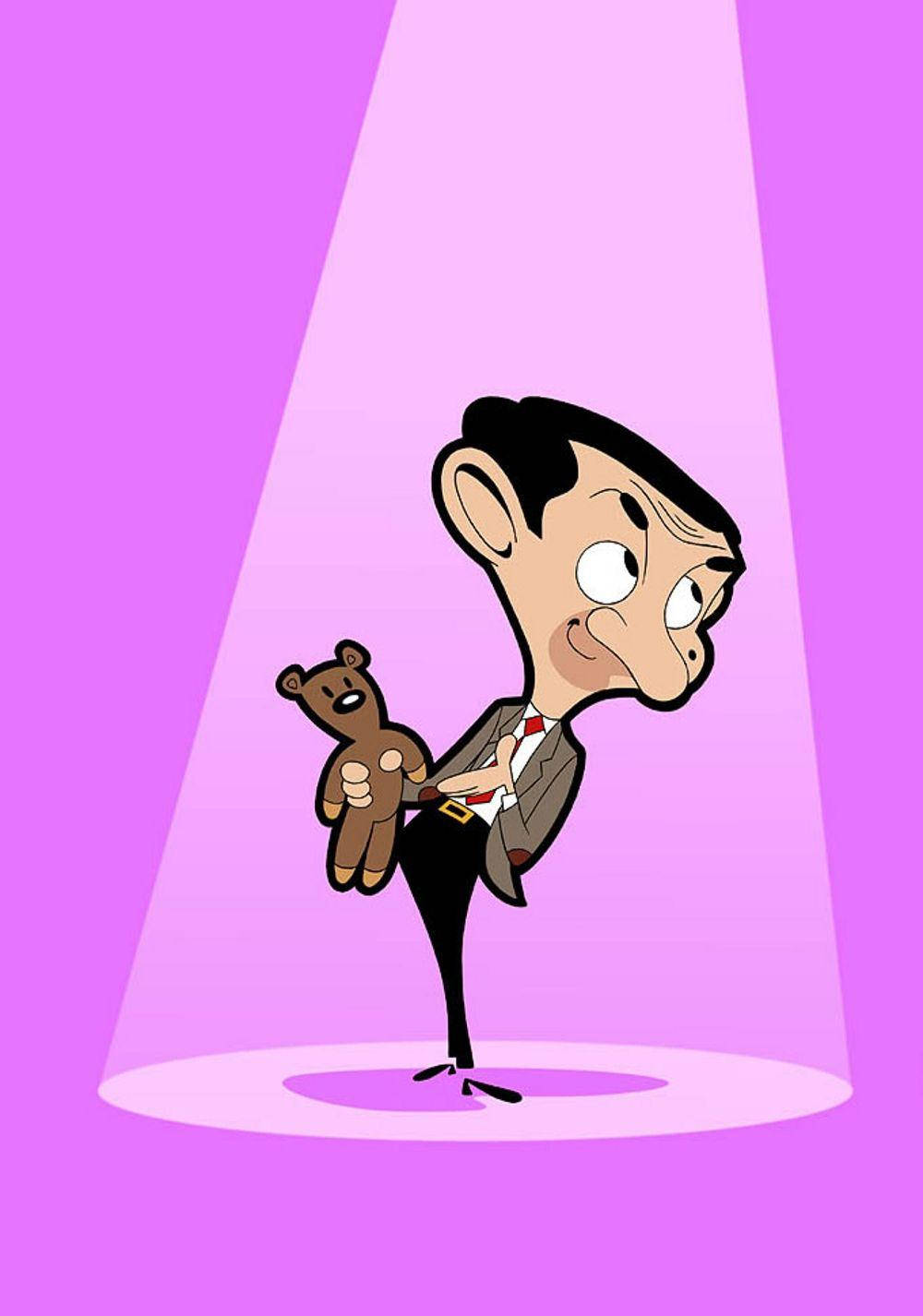 Funny Cartoon 桌布 壁紙 — Mr Bean 在聚光燈下抱著一隻泰迪熊，表情傻乎乎的，背景是充滿活力的紫色。