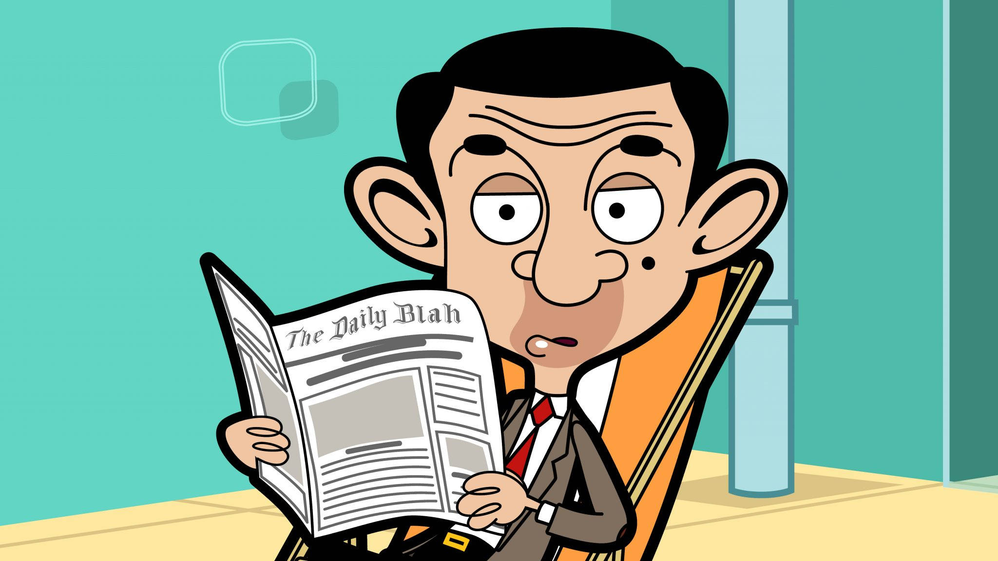 豆豆先生 桌布 壁紙 — Mr. Bean 坐在椅子上，手持一份名為《The Daily Blah》的報紙，表情驚訝。