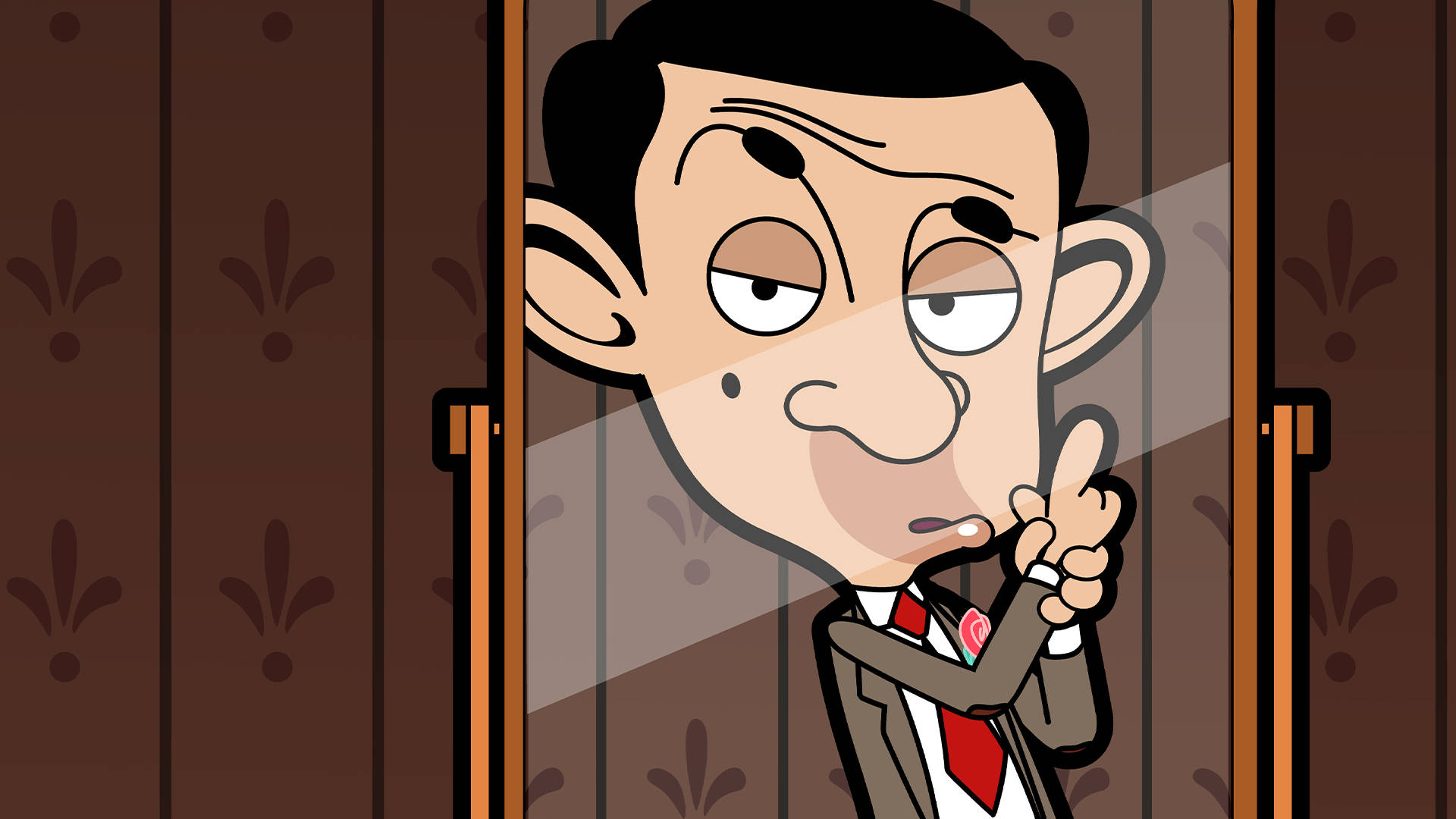 豆豆先生 桌布 壁紙 — Mr Bean 從木門後探頭出來，露出頑皮的笑容並豎起手指。
