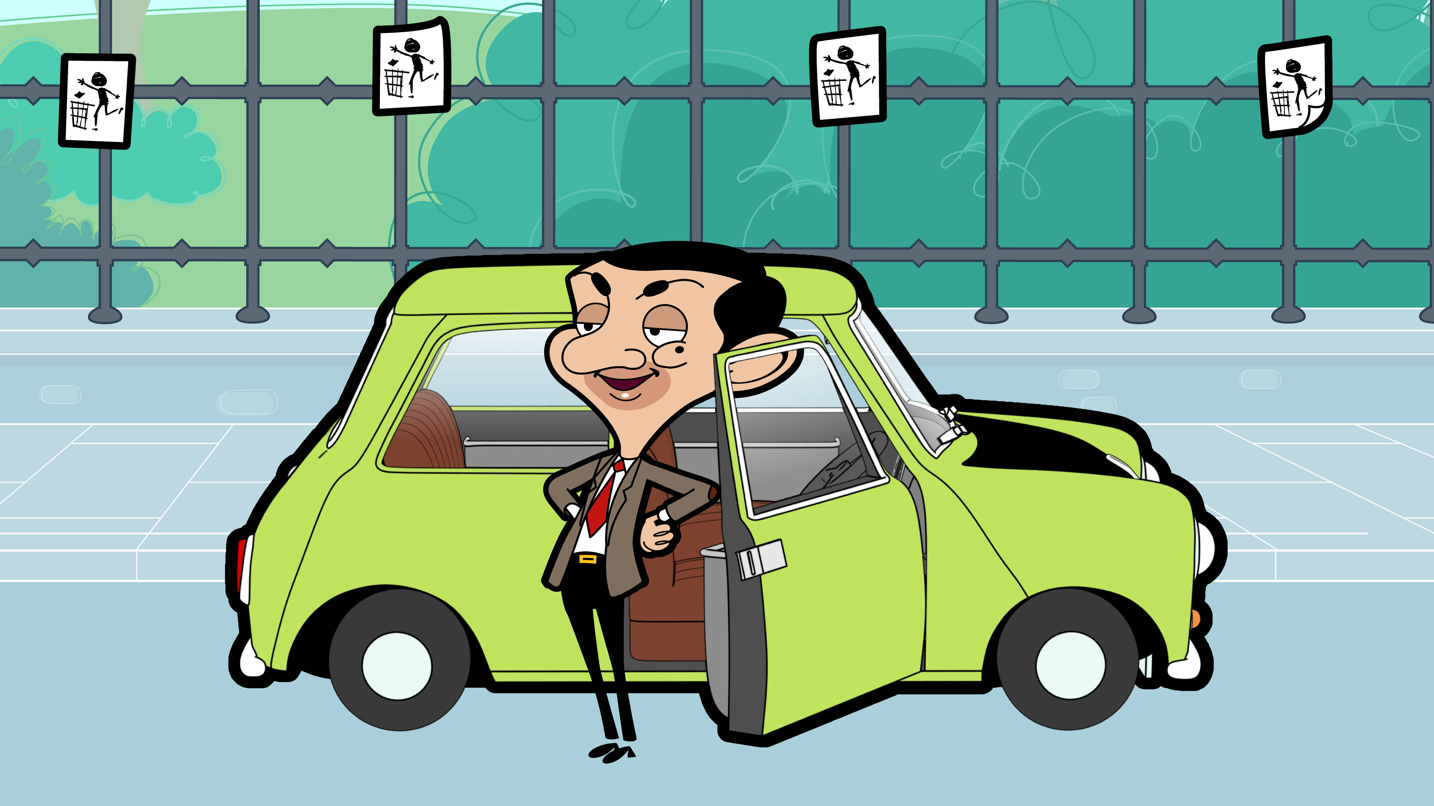 搞笑 桌布 壁紙 — Mr Bean 微笑站在他的萊姆綠色汽車旁邊，背景是卡通插圖，有垃圾桶標誌。