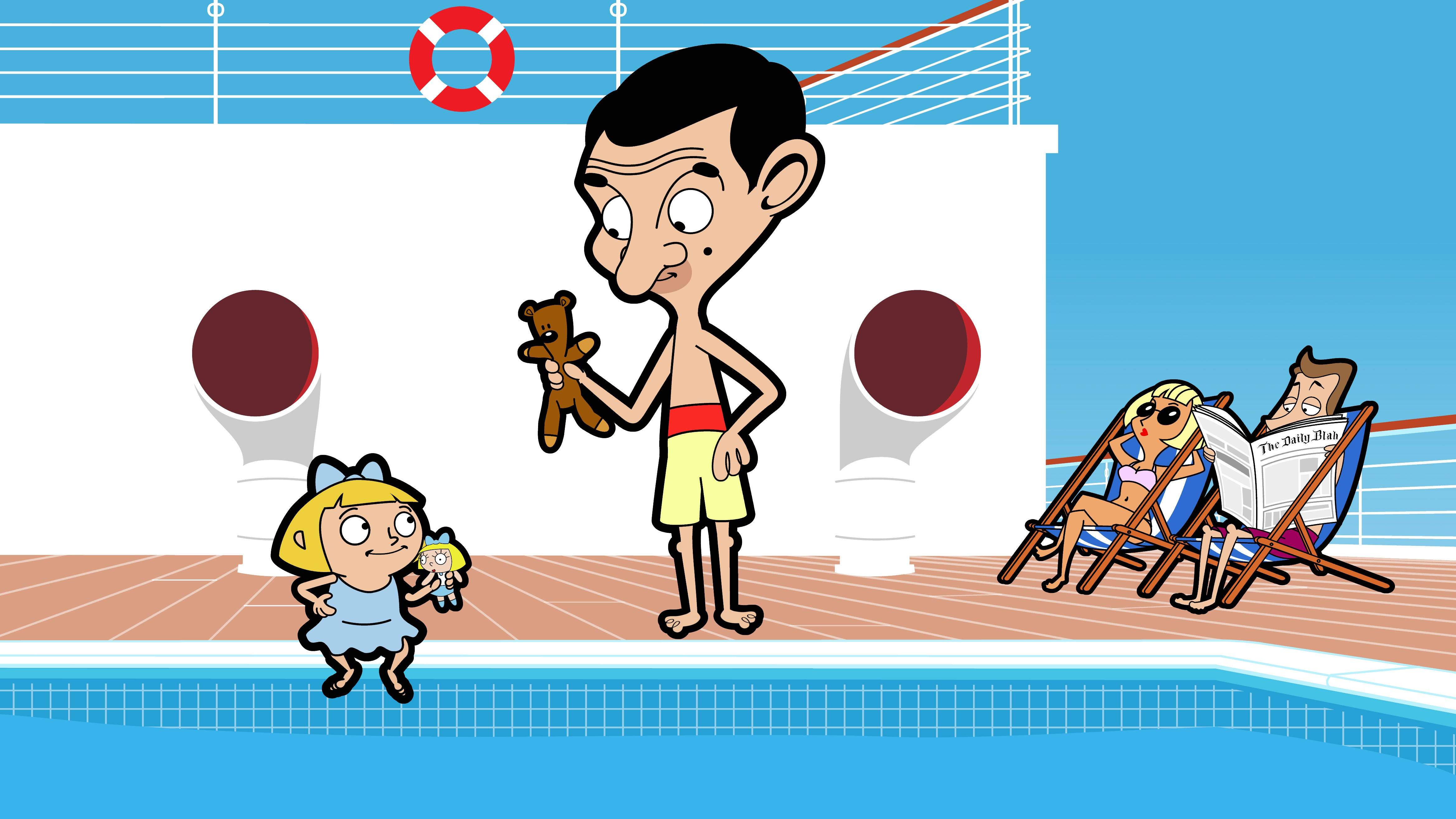 4K 桌布 壁紙 — Mr Bean 抱著一隻泰迪熊，而一個拿著洋娃娃的女孩在郵輪甲板上的泳池旁看著他。