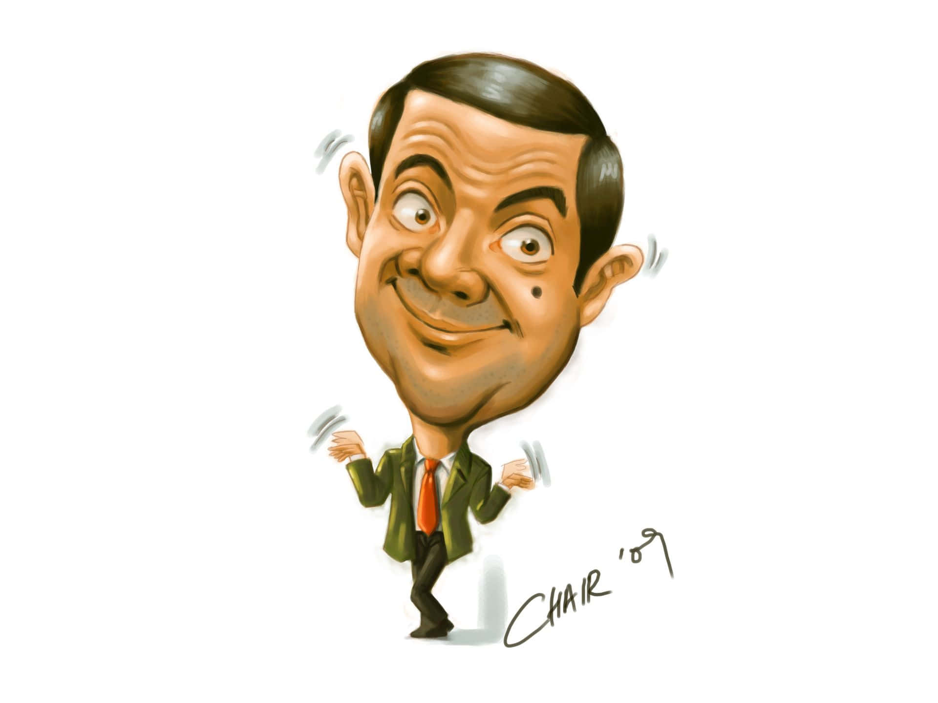 舞蹈 桌布 壁紙 — Mr. Bean 的卡通漫畫，身穿綠色西裝和橙色領帶，帶著頑皮的笑容和誇張的特徵。