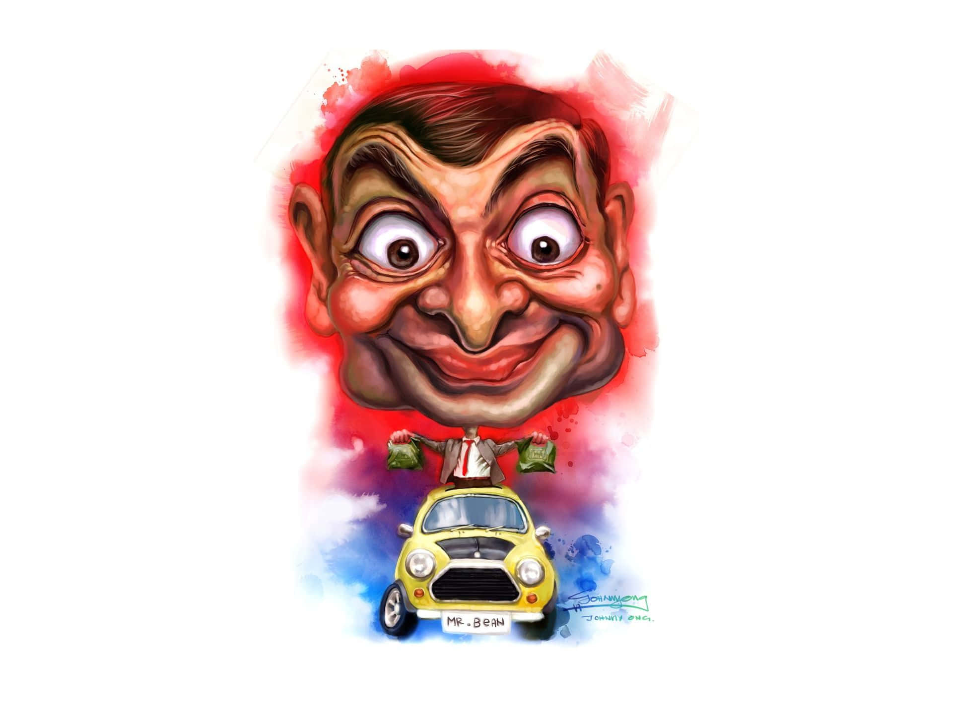 藝術 桌布 壁紙 — Mr. Bean 的卡通漫畫肖像，頭部巨大、眼睛寬大，站在黃色 Mini Cooper 車頂，手持錢袋，背景為紅色和藍色水彩潑濺效果。