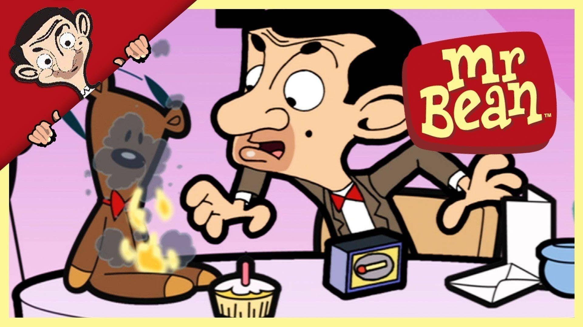 Cartoon 桌布 壁紙 — Mr Bean 看起來很震驚，因為他冒煙的泰迪熊在放有生日蛋糕和收音機的桌子上爆炸。