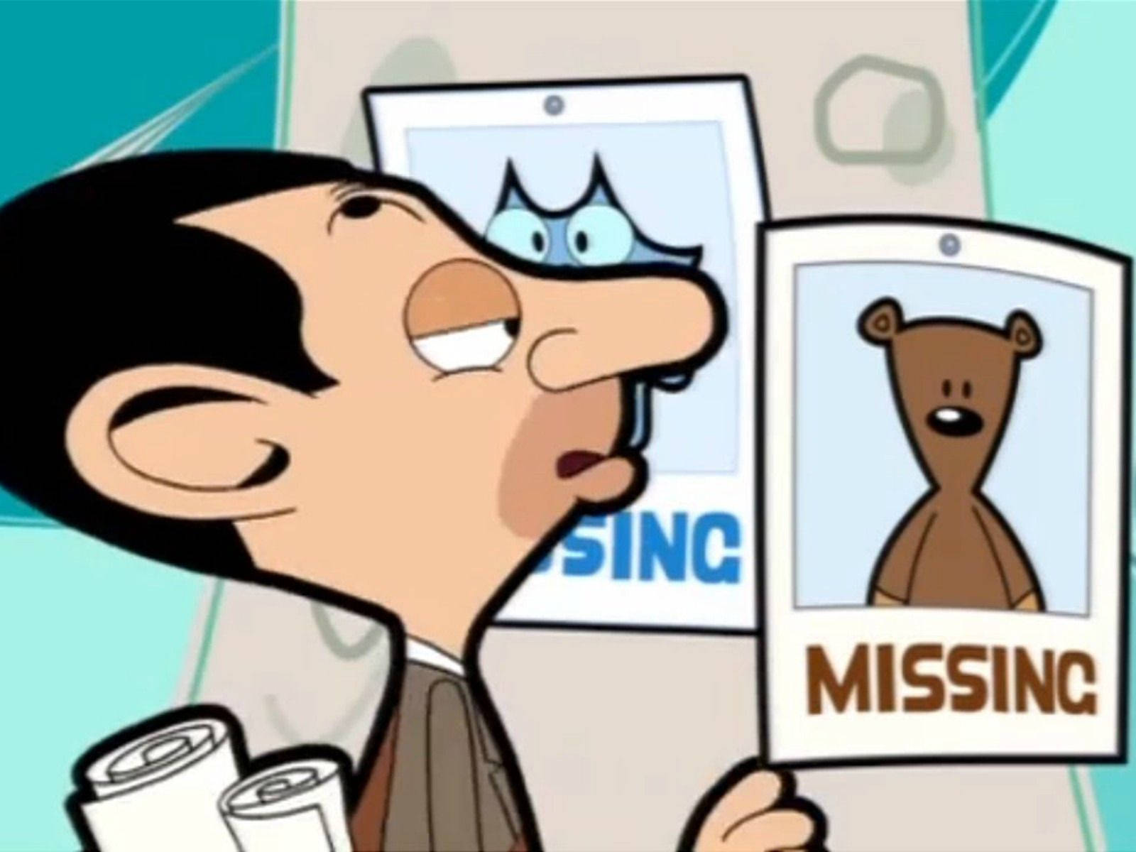 Funny Cartoon 桌布 壁紙 — Mr Bean 看起來很驚訝，拿著尋找泰迪熊和貓咪的失蹤海報。