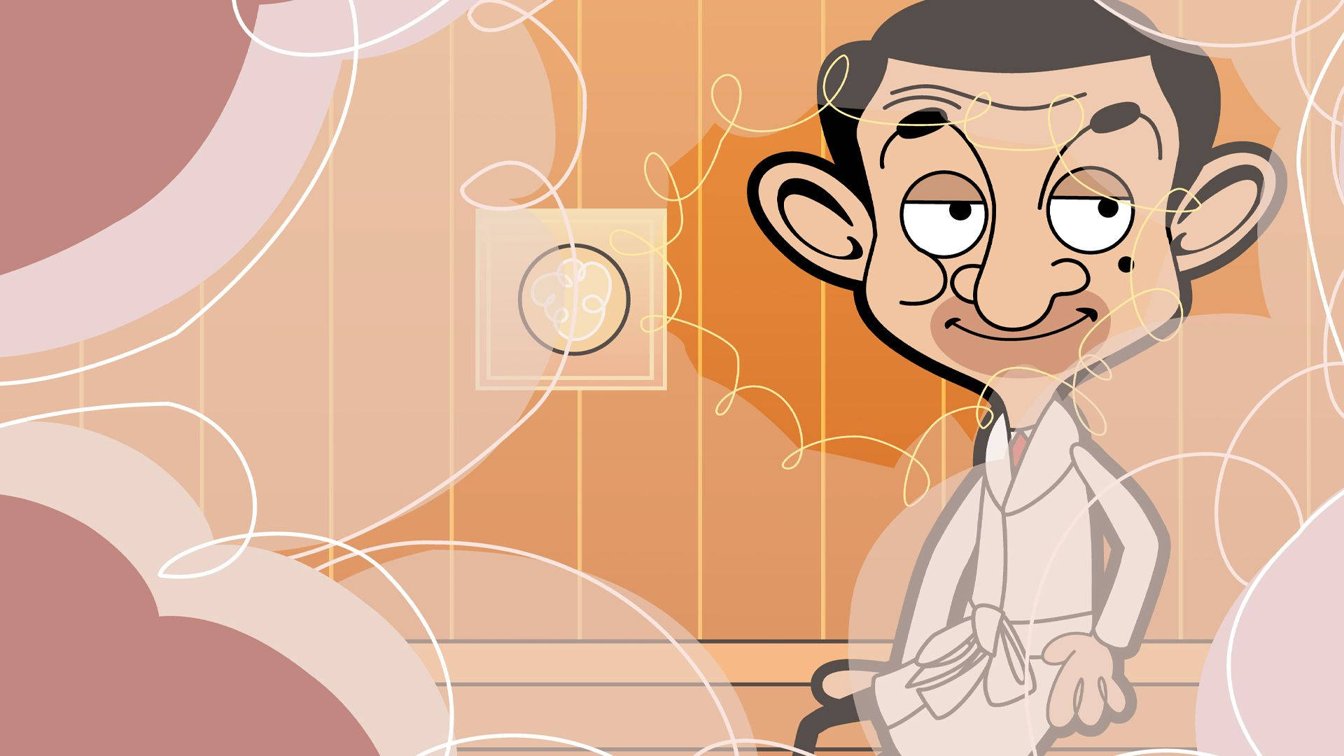 豆豆先生 桌布 壁紙 — Mr Bean 穿著白色實驗室外套，站在一個光線溫暖的房間裡，房間裡有抽象漩渦和牆上的一幅裱框畫。